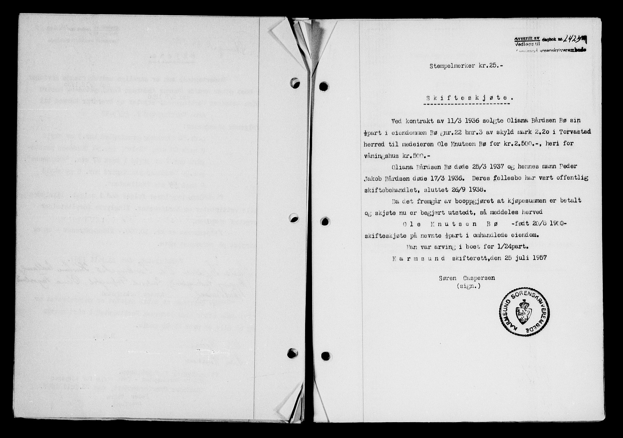 Karmsund sorenskriveri, AV/SAST-A-100311/01/II/IIB/L0125: Mortgage book no. 105A, 1957-1957, Diary no: : 2423/1957