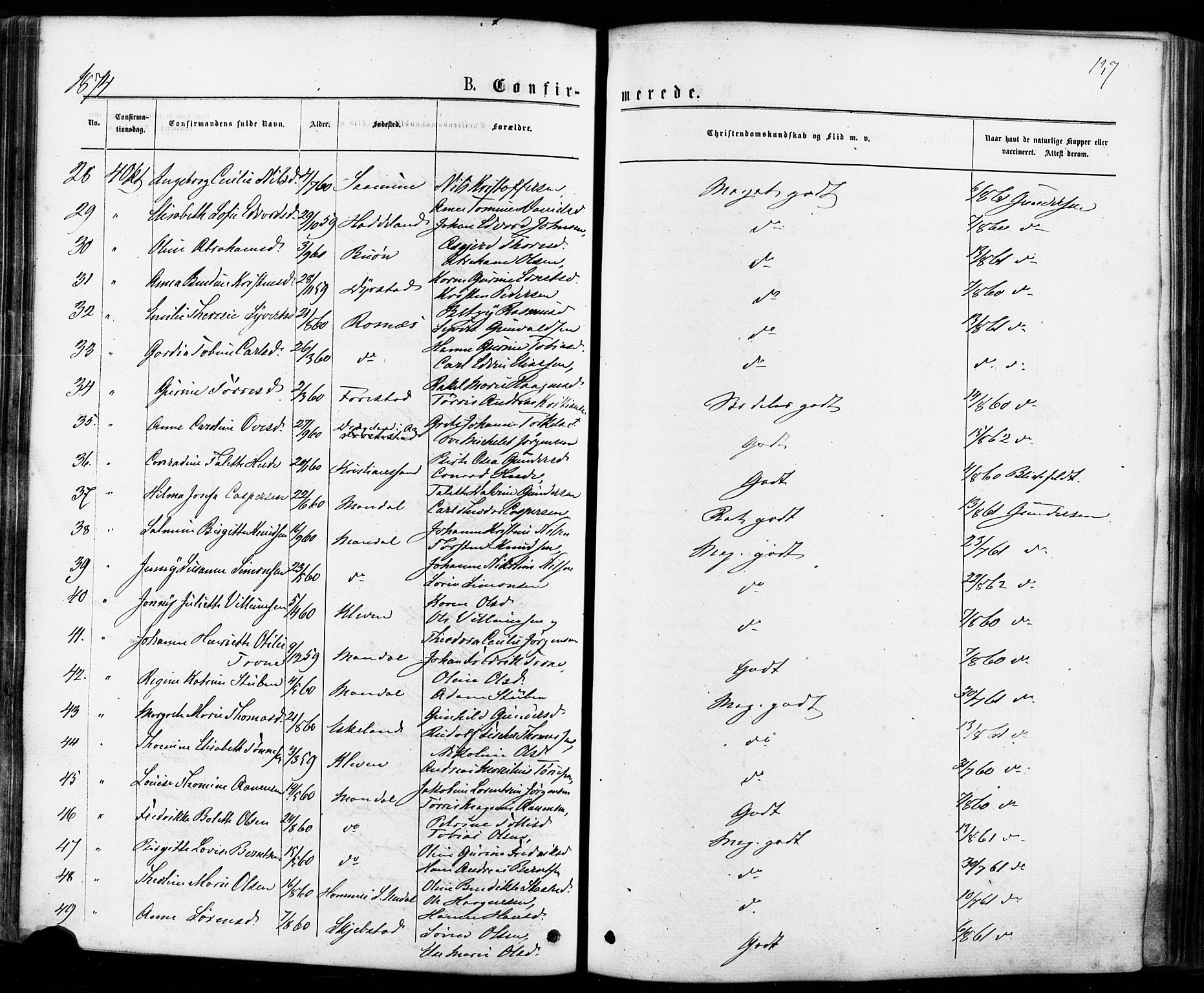 Mandal sokneprestkontor, SAK/1111-0030/F/Fa/Faa/L0015: Parish register (official) no. A 15, 1873-1879, p. 137