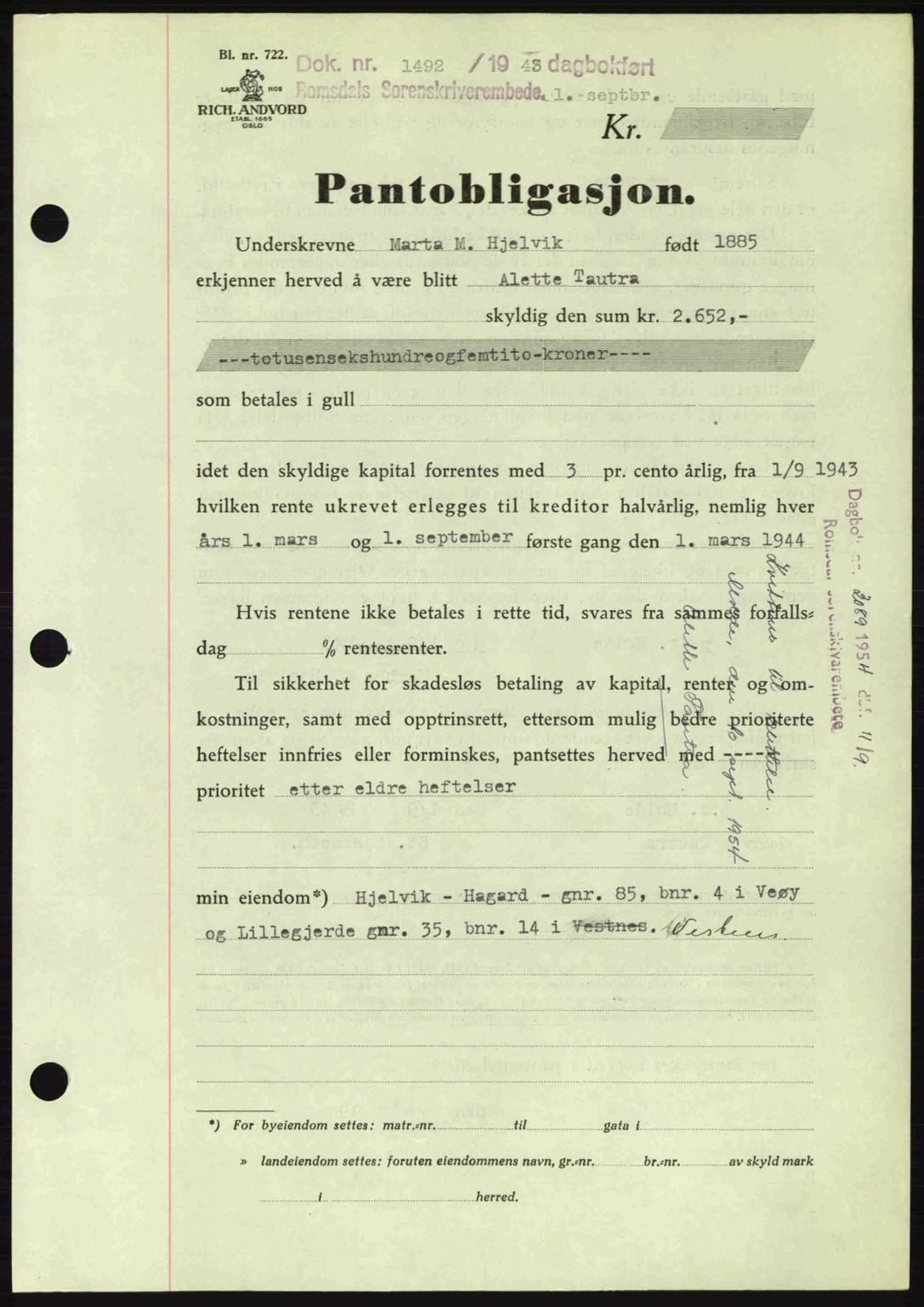 Romsdal sorenskriveri, AV/SAT-A-4149/1/2/2C: Mortgage book no. B2, 1939-1945, Diary no: : 1492/1943