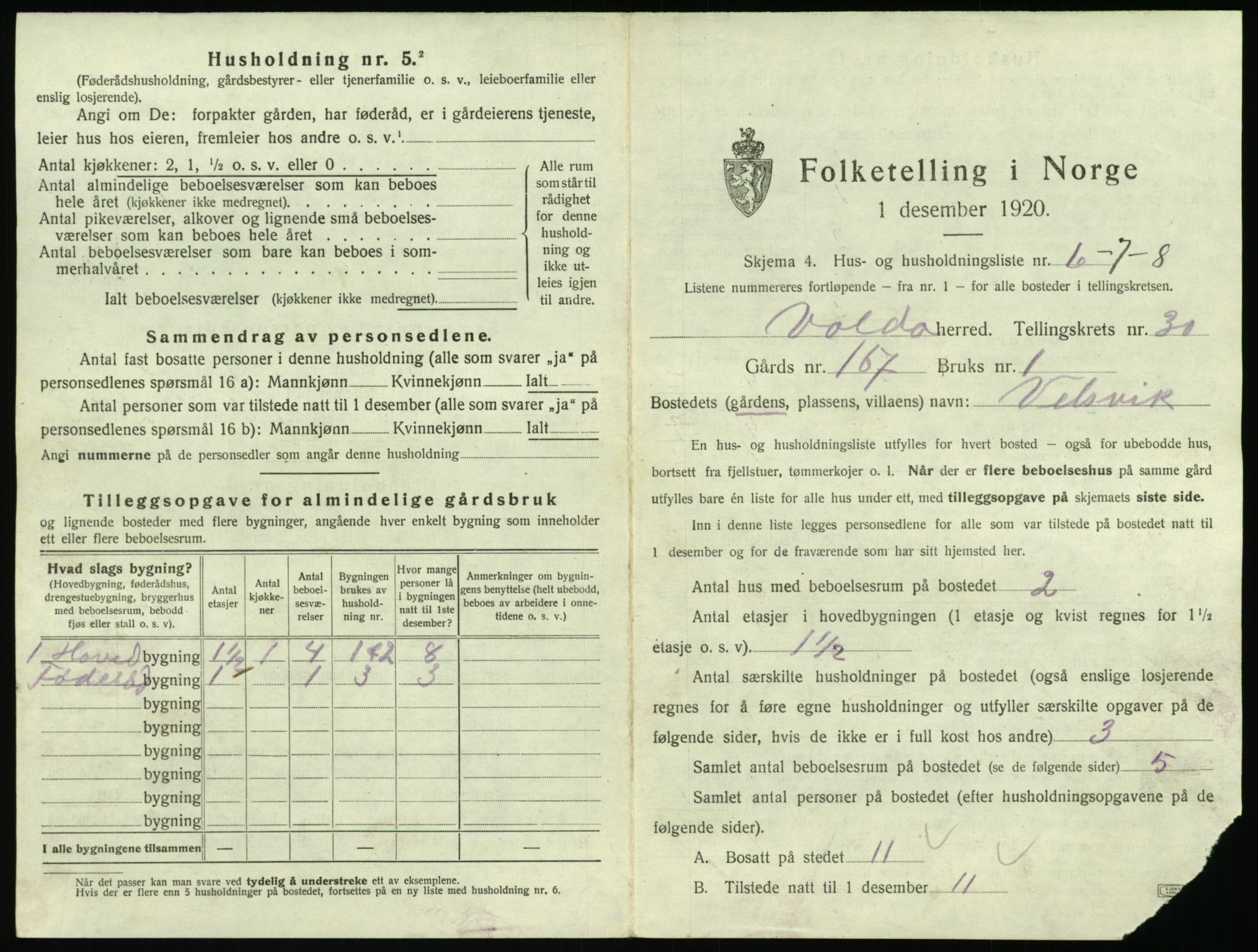 SAT, 1920 census for Volda, 1920, p. 1866