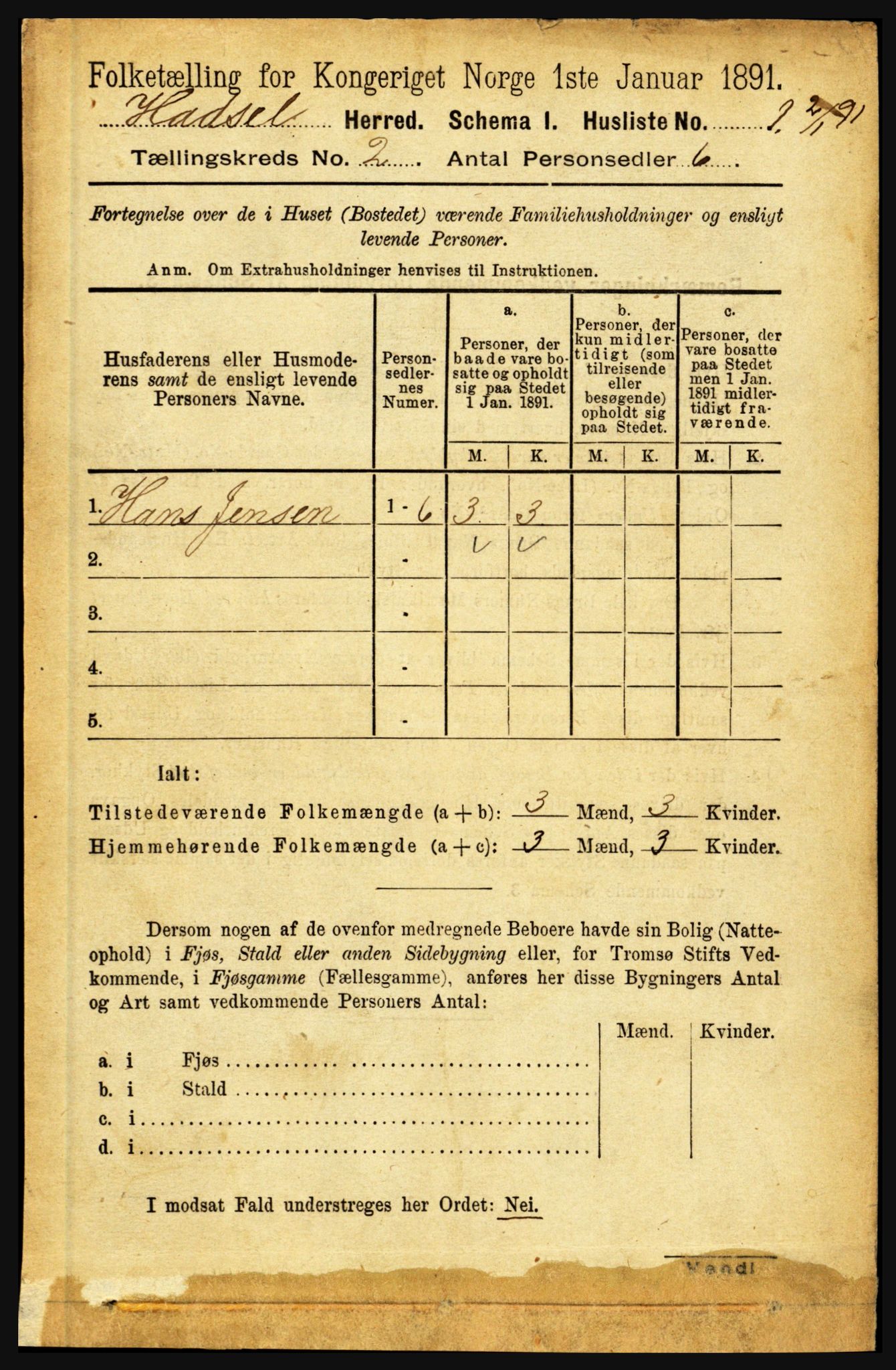 RA, 1891 census for 1866 Hadsel, 1891, p. 595