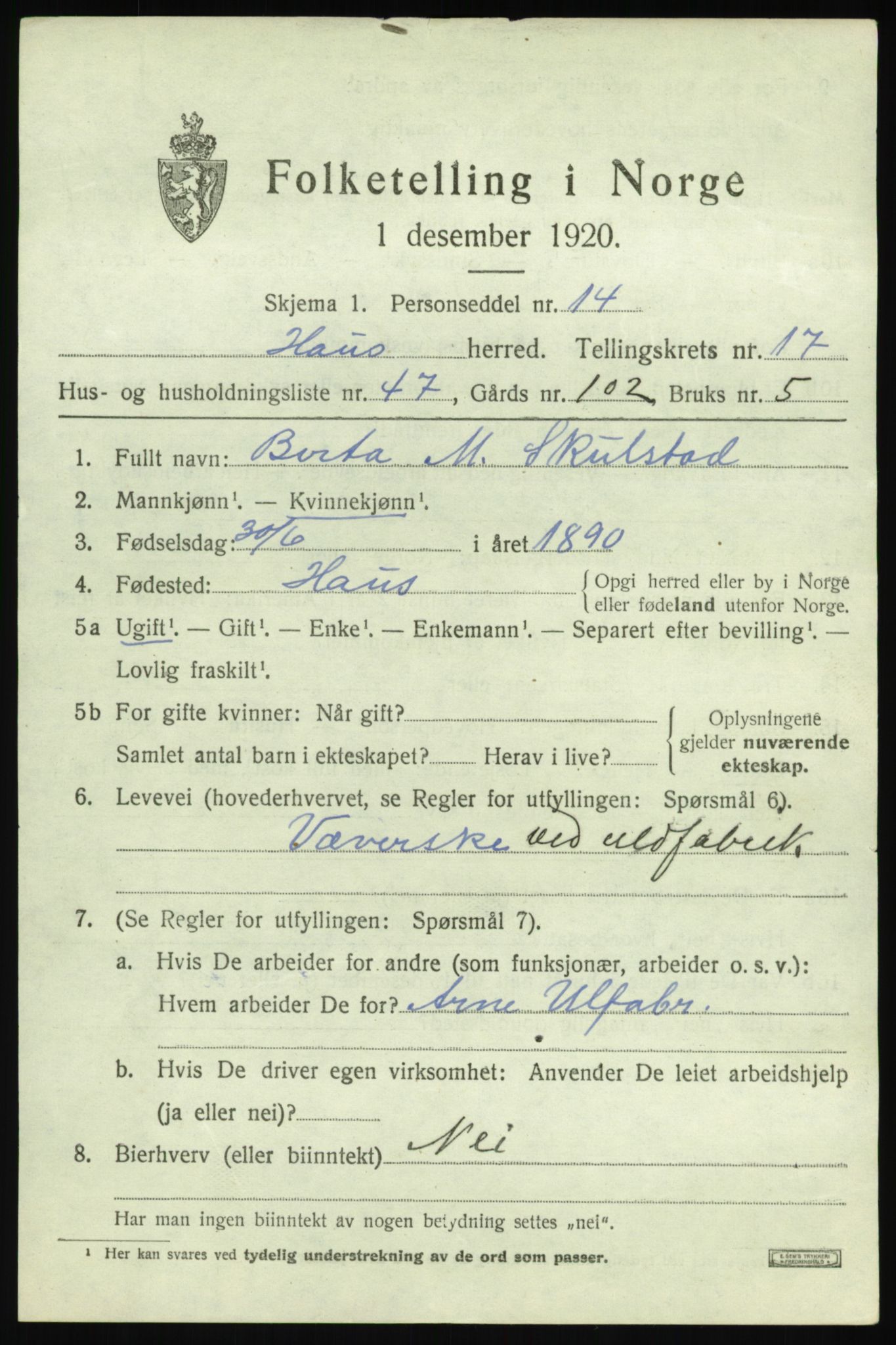 SAB, 1920 census for Haus, 1920, p. 11834