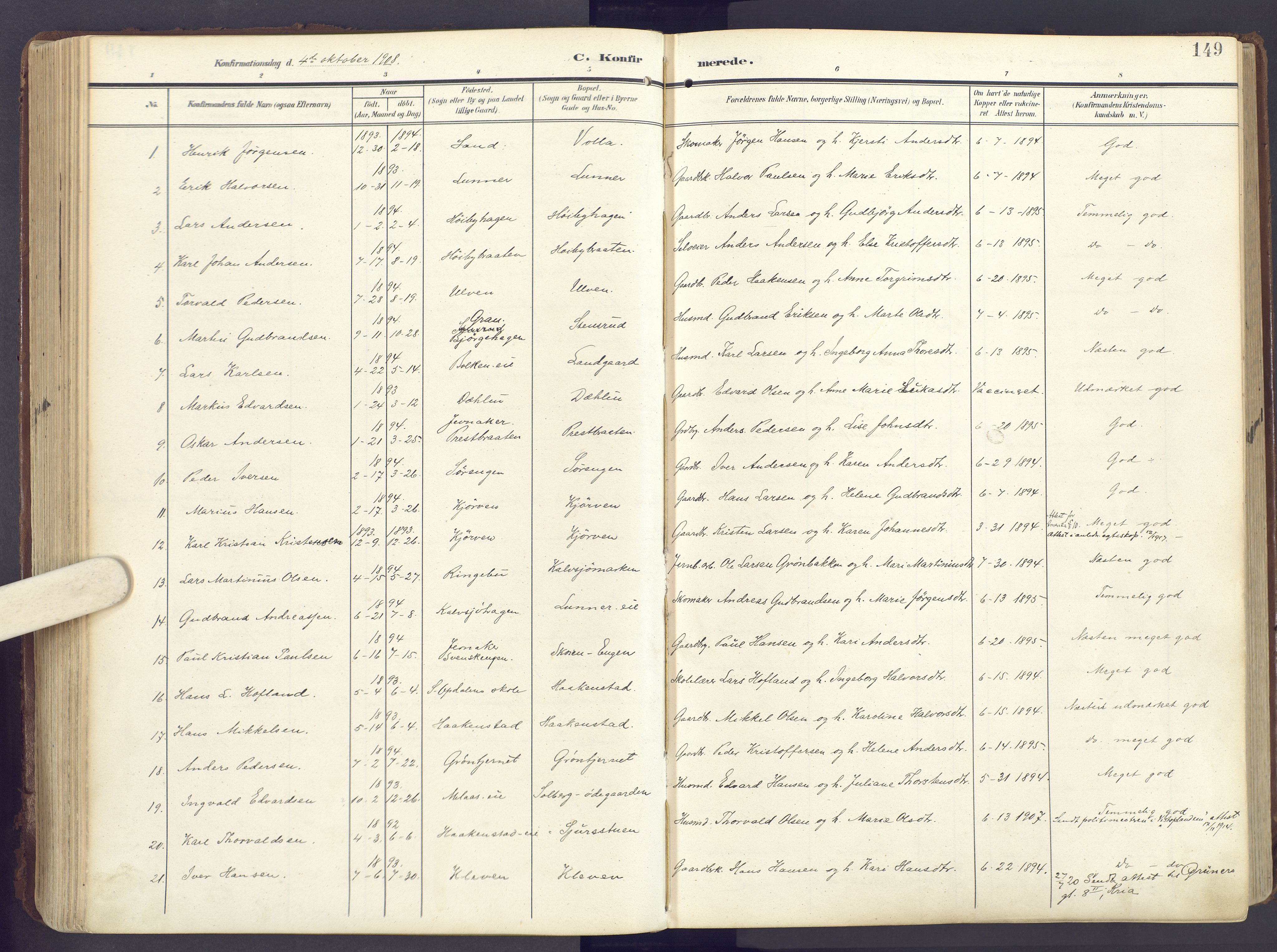 Lunner prestekontor, SAH/PREST-118/H/Ha/Haa/L0001: Parish register (official) no. 1, 1907-1922, p. 149