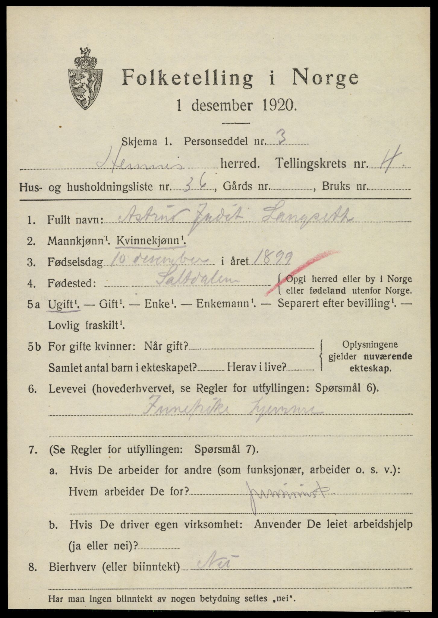 SAT, 1920 census for Hemnes, 1920, p. 5924