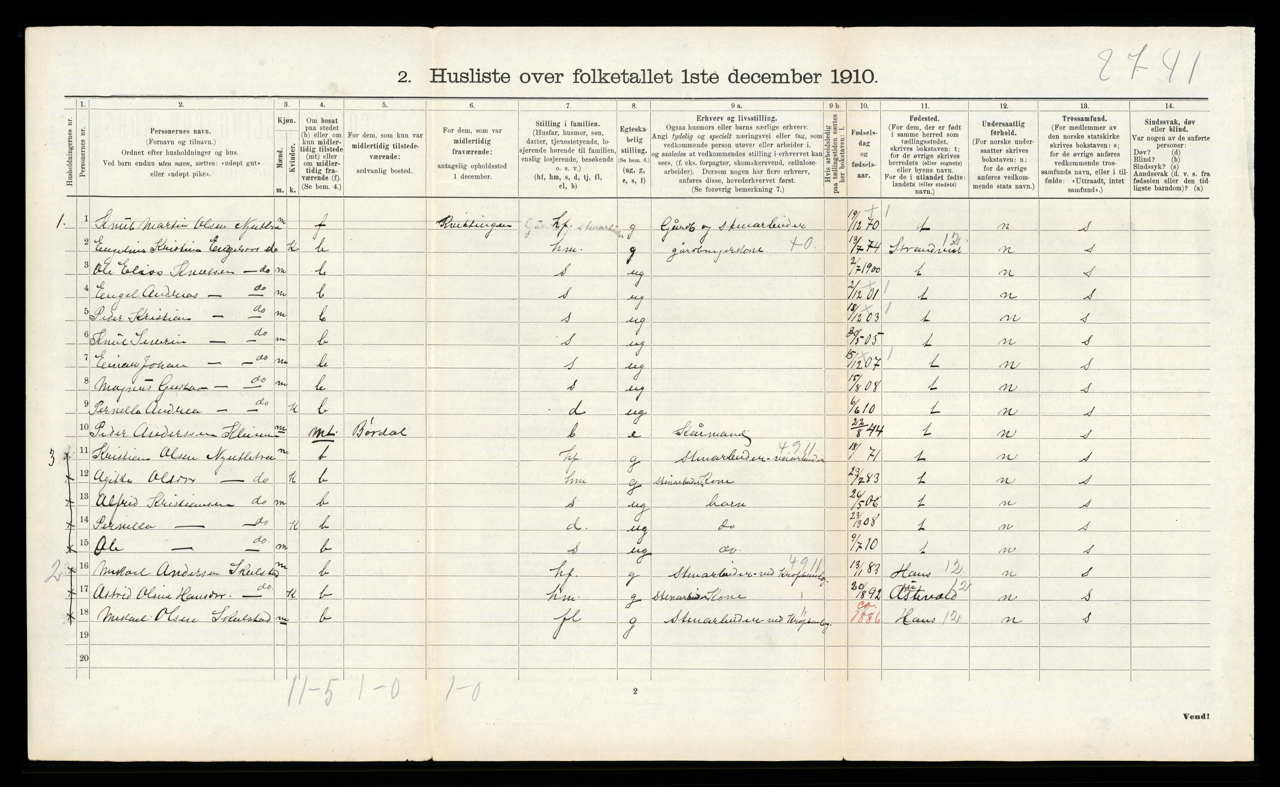 RA, 1910 census for Samnanger, 1910, p. 582