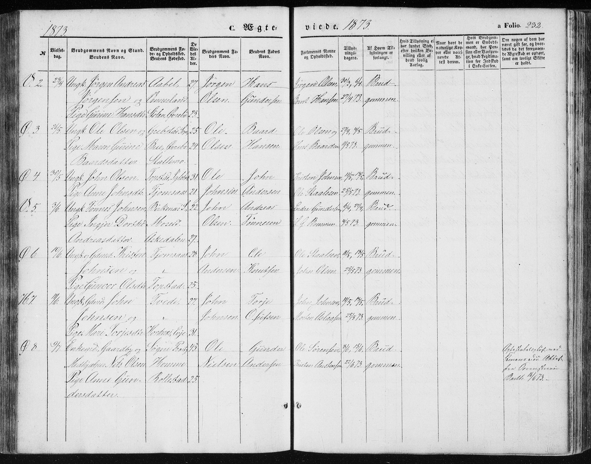 Vennesla sokneprestkontor, AV/SAK-1111-0045/Fa/Fac/L0007: Parish register (official) no. A 7, 1855-1873, p. 232