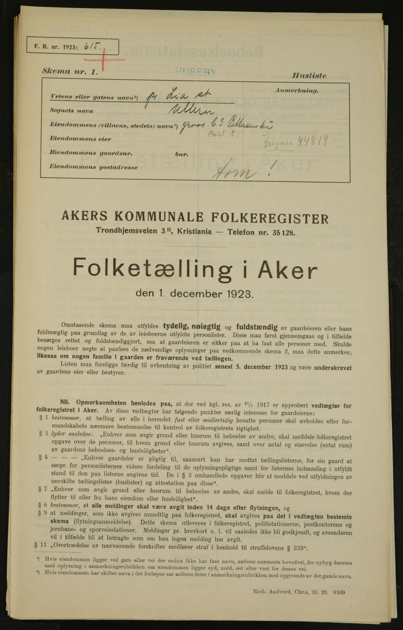 , Municipal Census 1923 for Aker, 1923, p. 3574