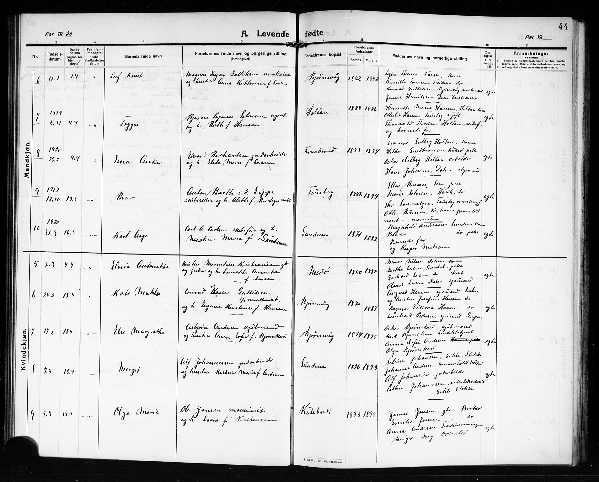 Tjøme kirkebøker, AV/SAKO-A-328/G/Ga/L0002: Parish register (copy) no. I 2, 1911-1920, p. 44