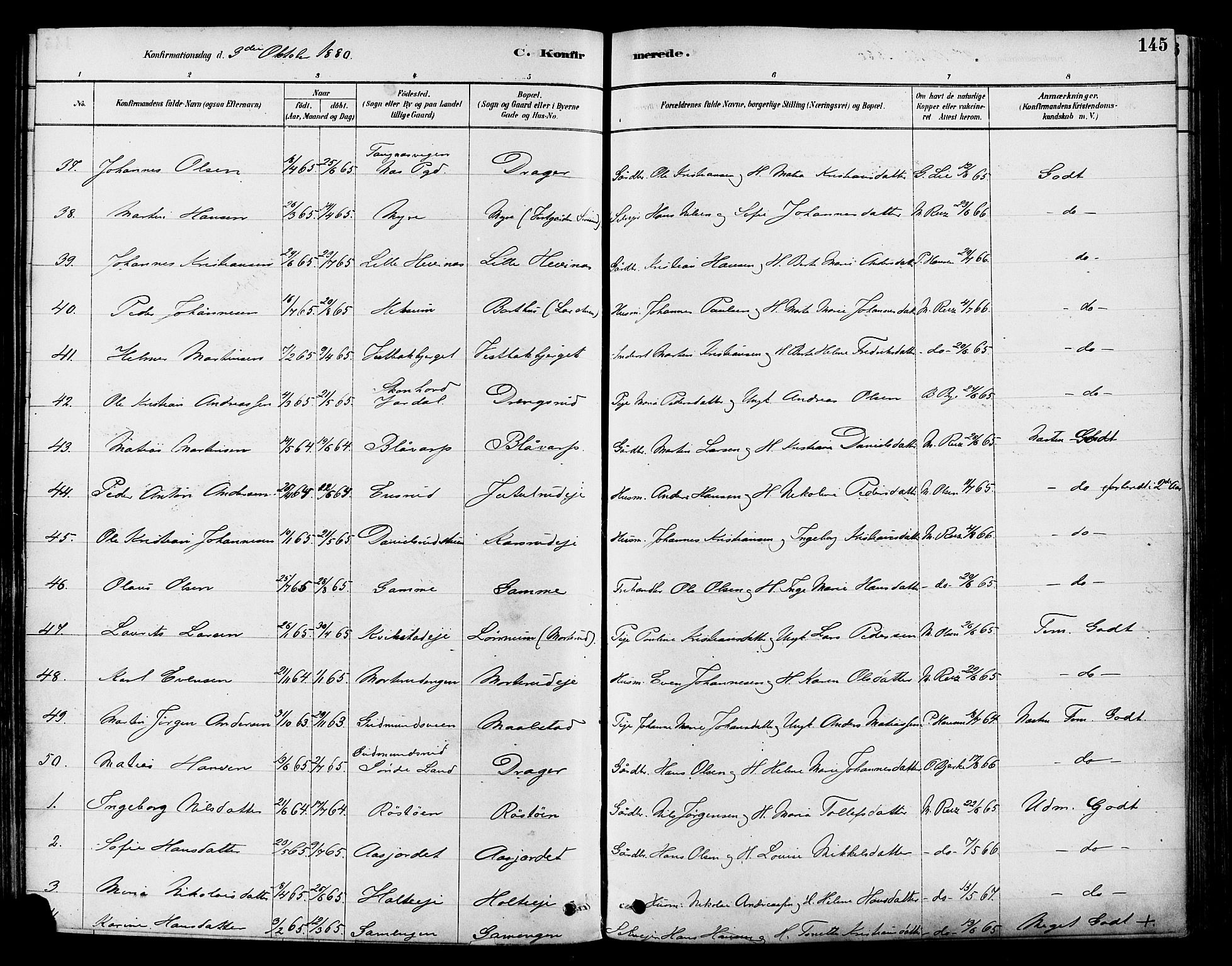 Vestre Toten prestekontor, SAH/PREST-108/H/Ha/Haa/L0009: Parish register (official) no. 9, 1878-1894, p. 145