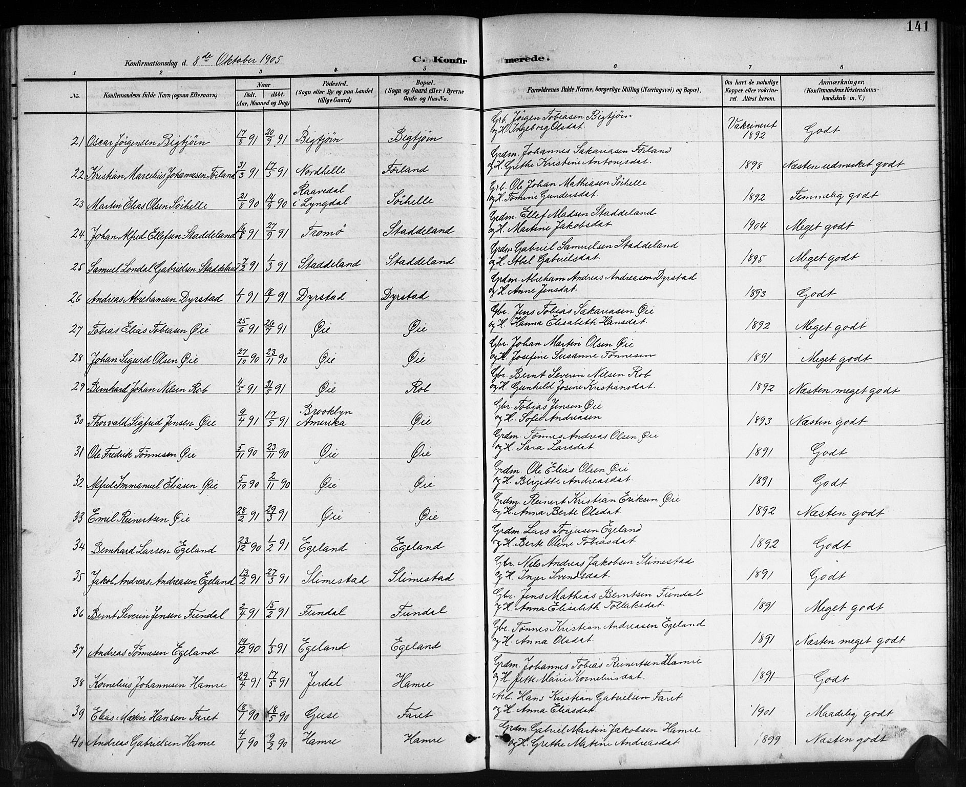 Kvinesdal sokneprestkontor, AV/SAK-1111-0026/F/Fb/Fbb/L0003: Parish register (copy) no. B 3, 1898-1916, p. 141