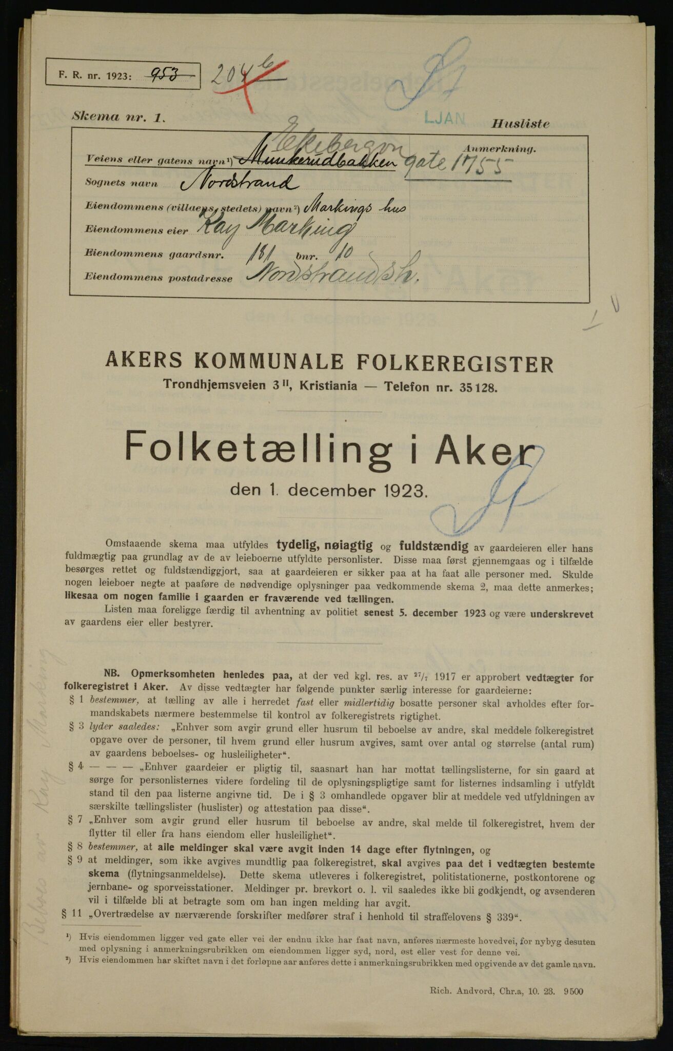 , Municipal Census 1923 for Aker, 1923, p. 37850