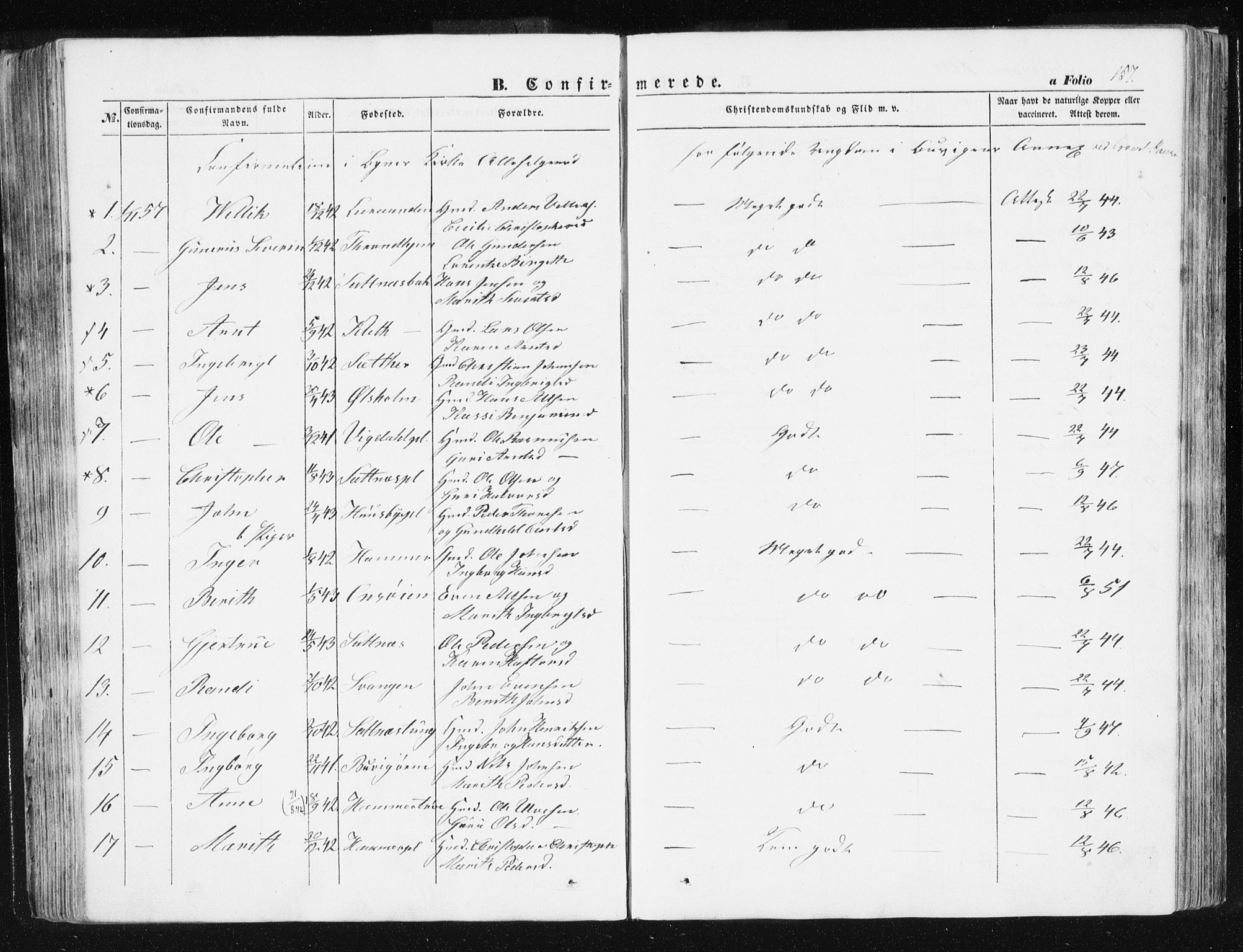 Ministerialprotokoller, klokkerbøker og fødselsregistre - Sør-Trøndelag, SAT/A-1456/612/L0376: Parish register (official) no. 612A08, 1846-1859, p. 157