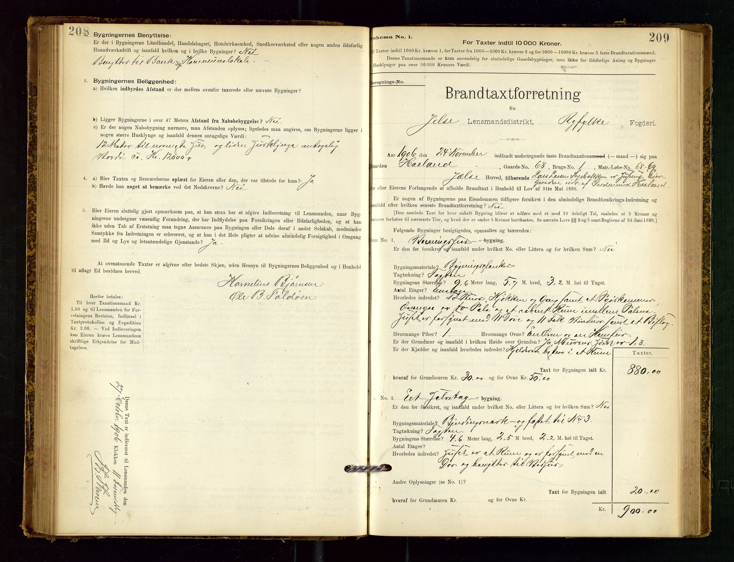 Jelsa lensmannskontor, SAST/A-100360/Gob/L0001: "Brandtaxationsprotocol", 1895-1918, p. 208-209
