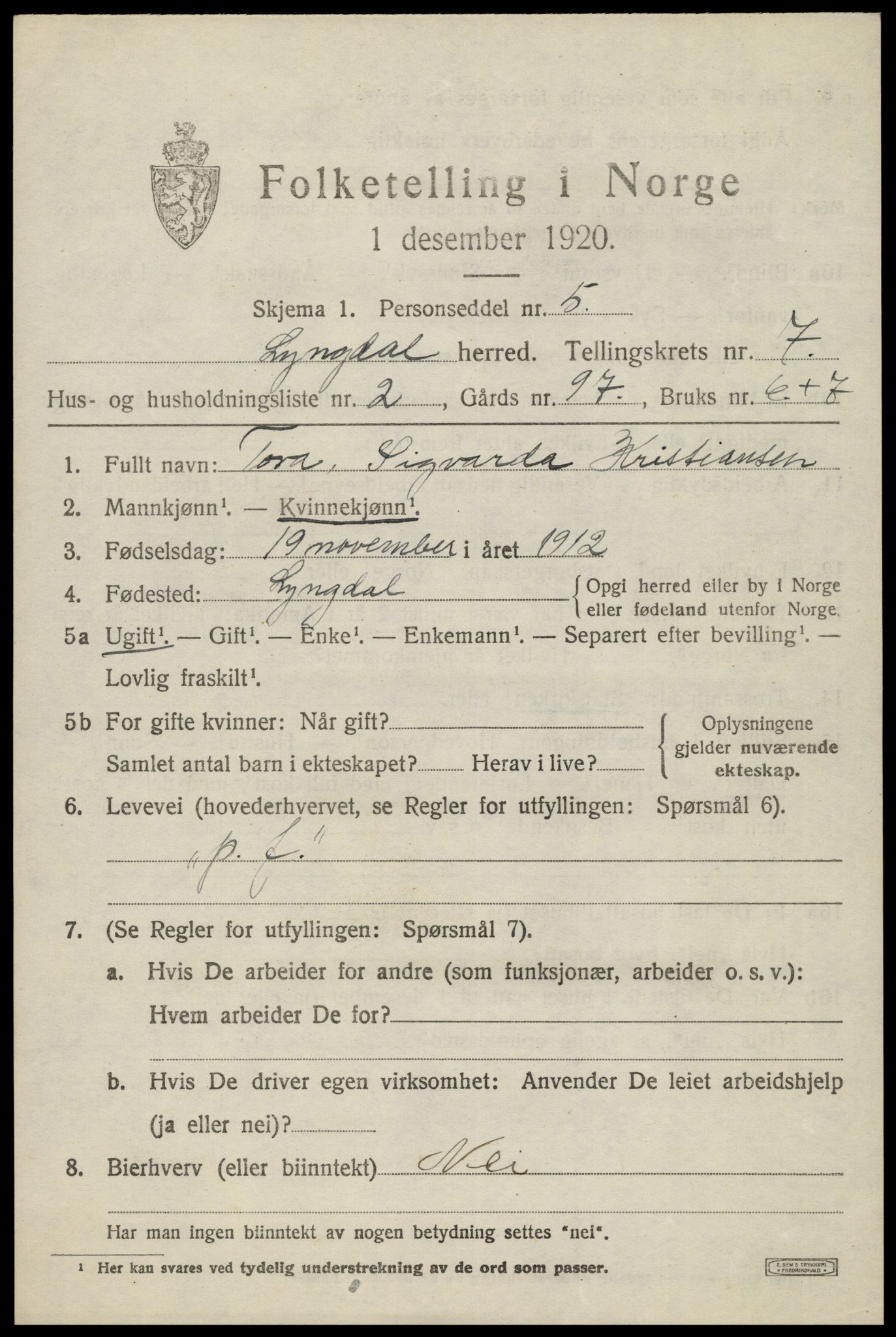 SAK, 1920 census for Lyngdal, 1920, p. 3933