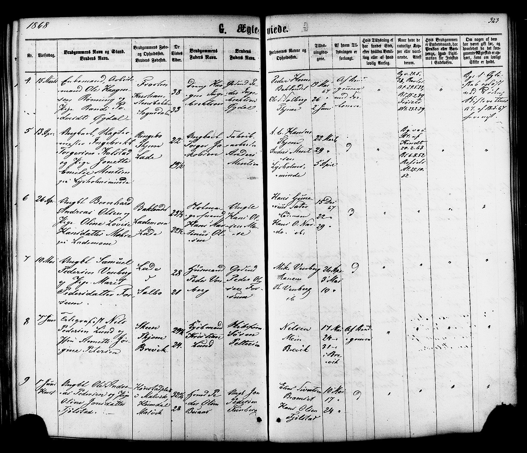 Ministerialprotokoller, klokkerbøker og fødselsregistre - Sør-Trøndelag, SAT/A-1456/606/L0293: Parish register (official) no. 606A08, 1866-1877, p. 323