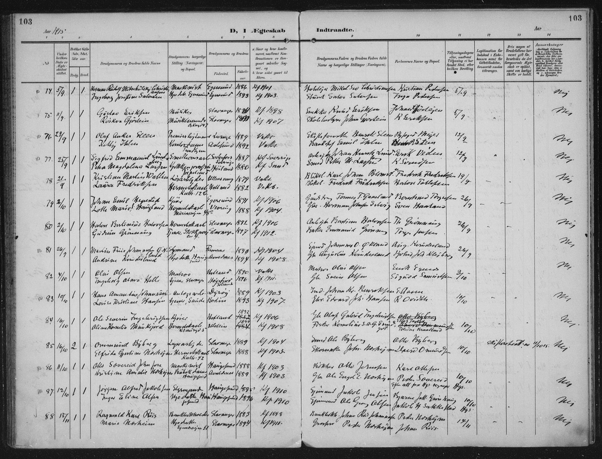 Domkirken sokneprestkontor, AV/SAST-A-101812/002/A/L0016: Parish register (official) no. A 33, 1905-1922, p. 103