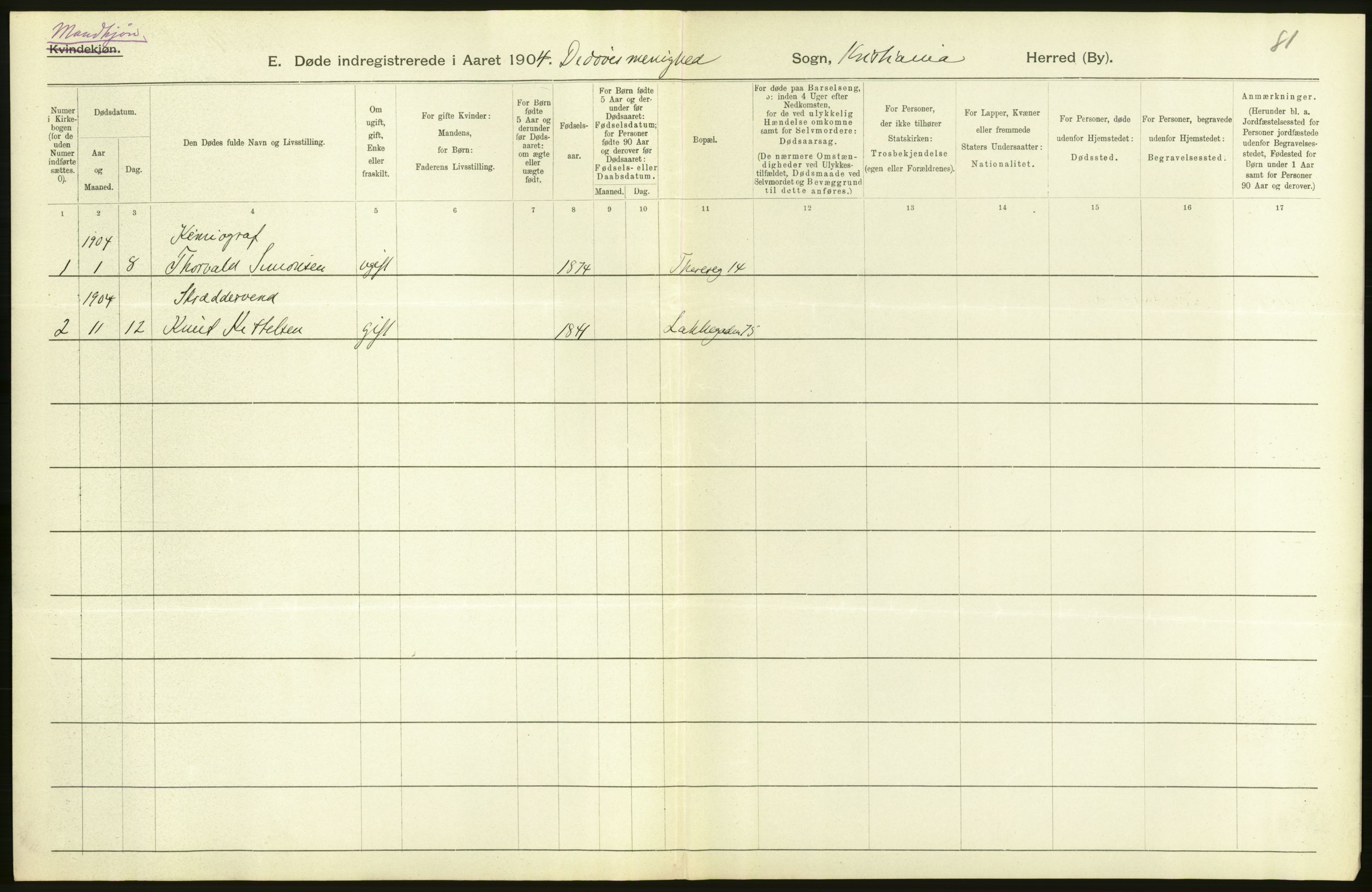 Statistisk sentralbyrå, Sosiodemografiske emner, Befolkning, AV/RA-S-2228/D/Df/Dfa/Dfab/L0004: Kristiania: Gifte, døde, 1904, p. 498