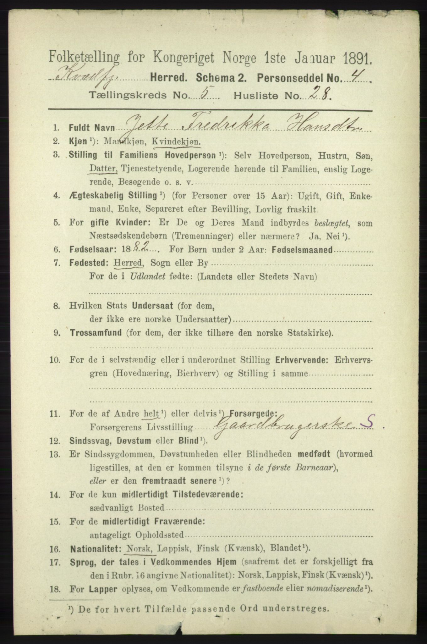 RA, 1891 census for 1911 Kvæfjord, 1891, p. 3035