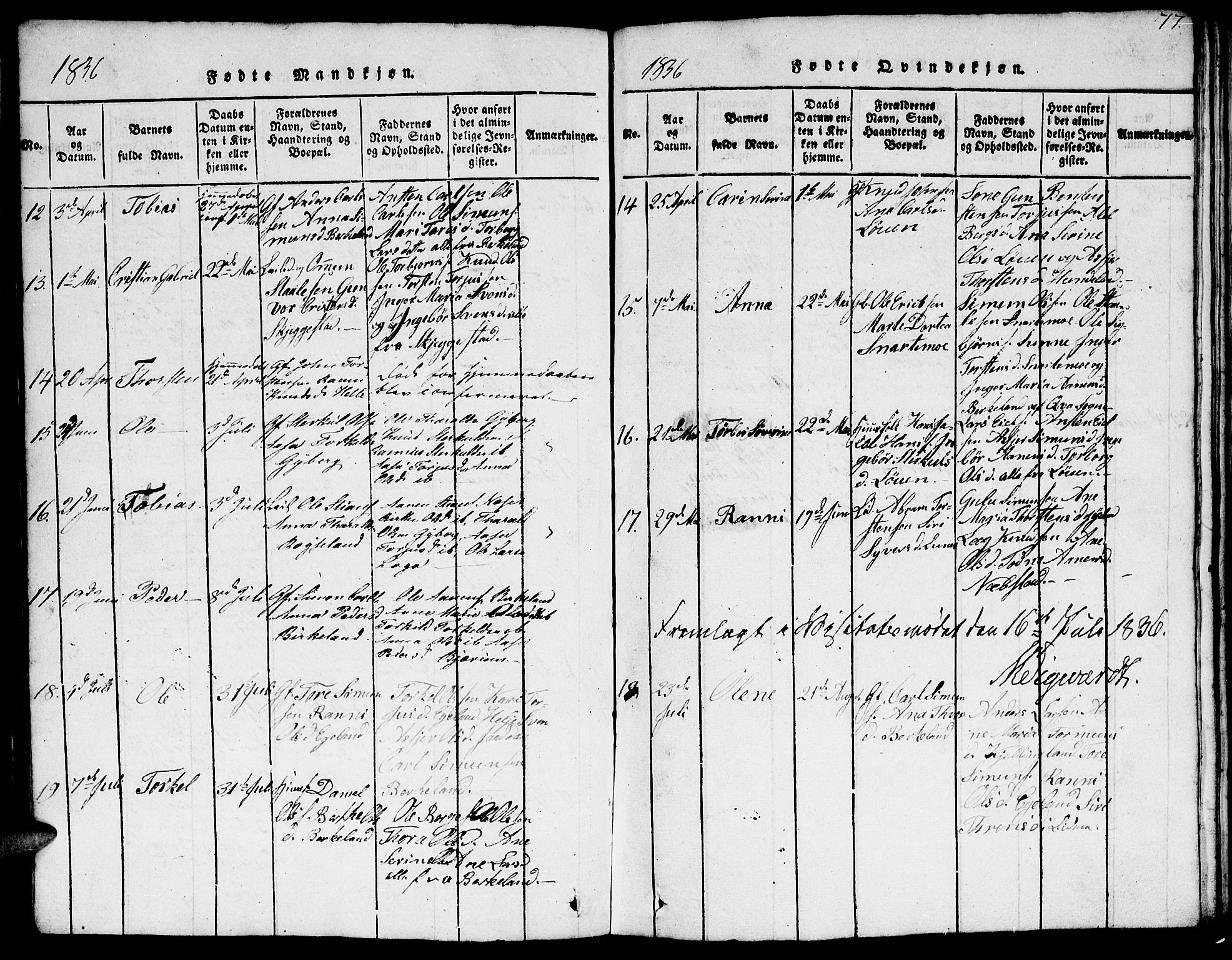 Hægebostad sokneprestkontor, AV/SAK-1111-0024/F/Fb/Fba/L0001: Parish register (copy) no. B 1, 1815-1844, p. 77