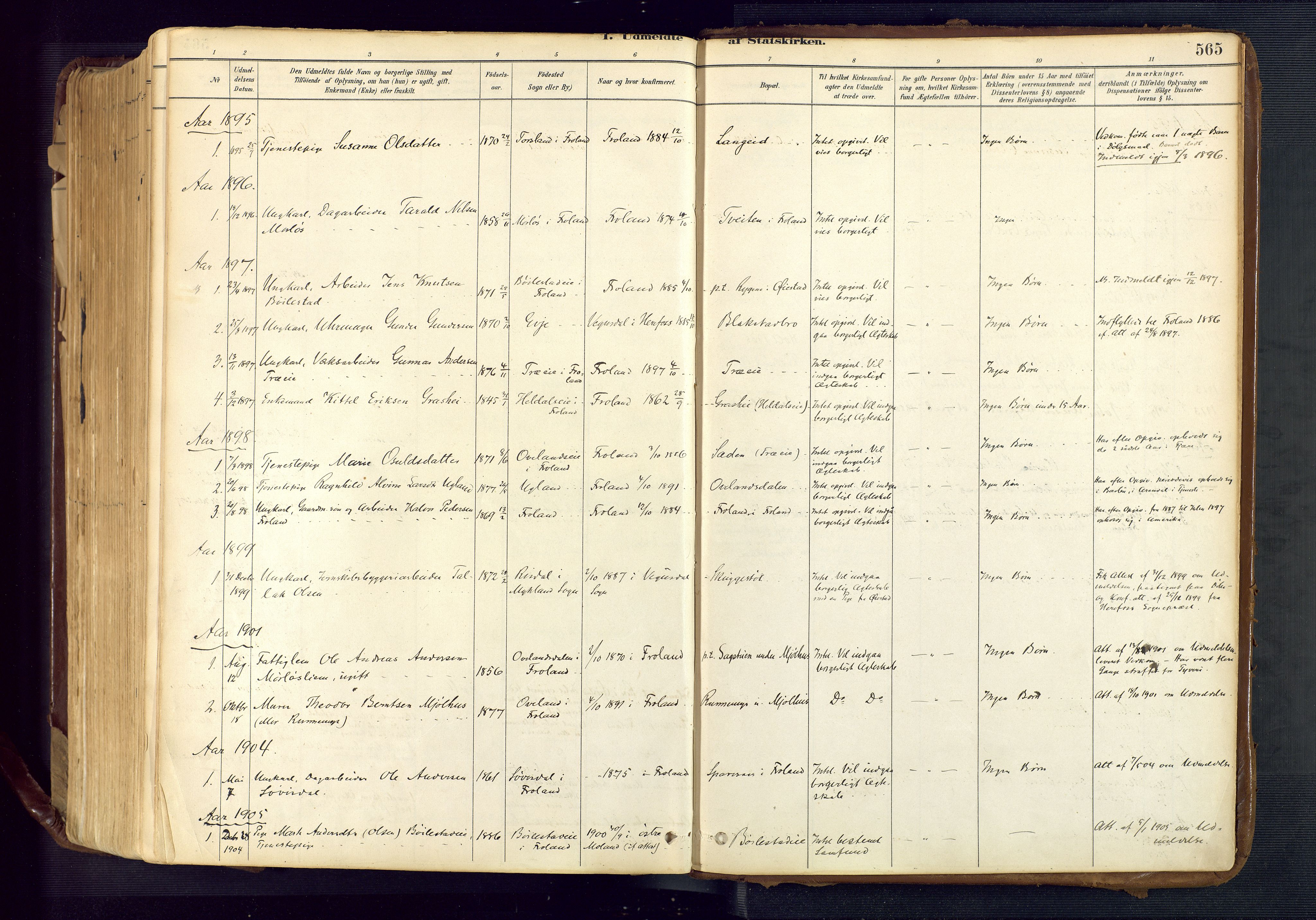 Froland sokneprestkontor, SAK/1111-0013/F/Fa/L0005: Parish register (official) no. A 5, 1882-1921, p. 565