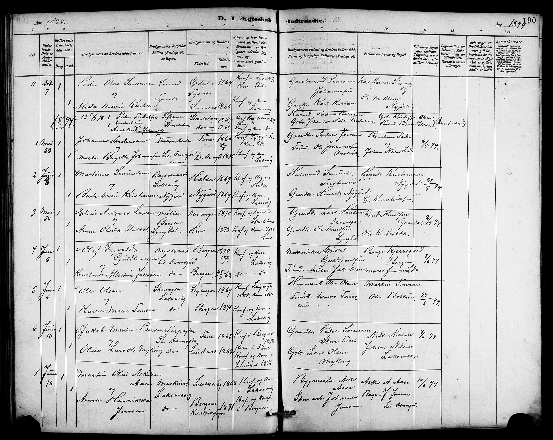 Laksevåg Sokneprestembete, SAB/A-76501/H/Ha/Hab/Haba/L0003: Parish register (copy) no. A 3, 1887-1899, p. 190
