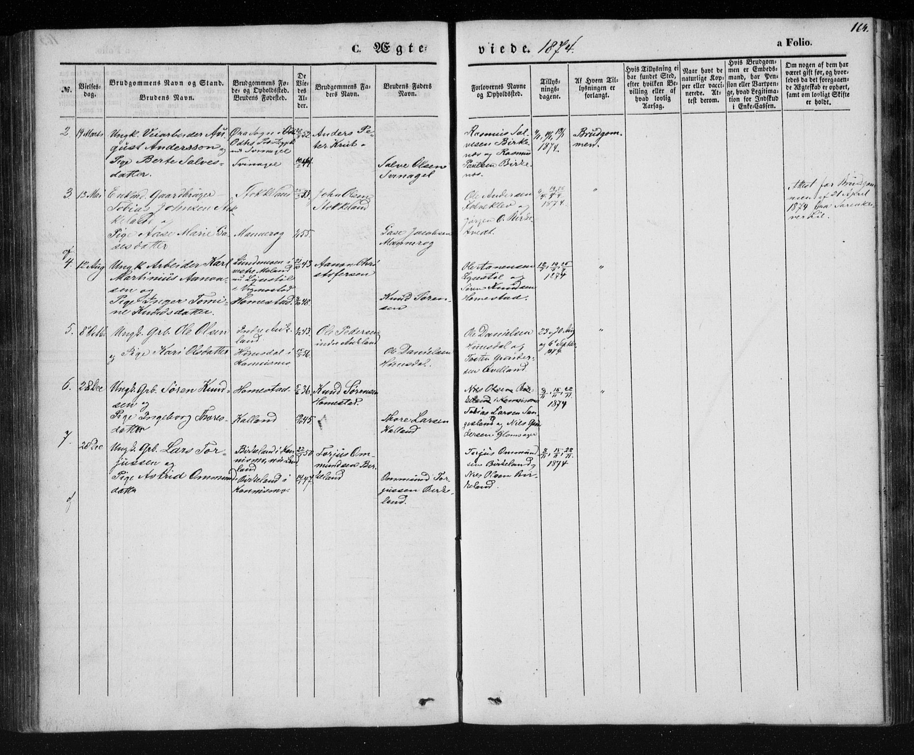 Holum sokneprestkontor, SAK/1111-0022/F/Fa/Fab/L0005: Parish register (official) no. A 5, 1847-1874, p. 164