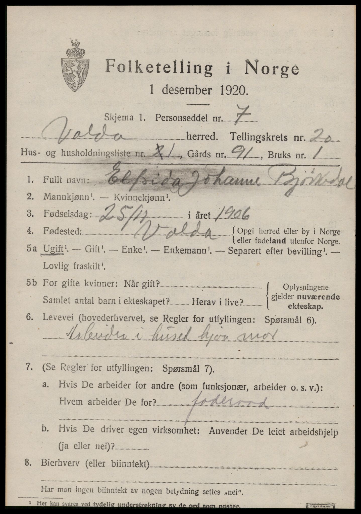 SAT, 1920 census for Volda, 1920, p. 10522