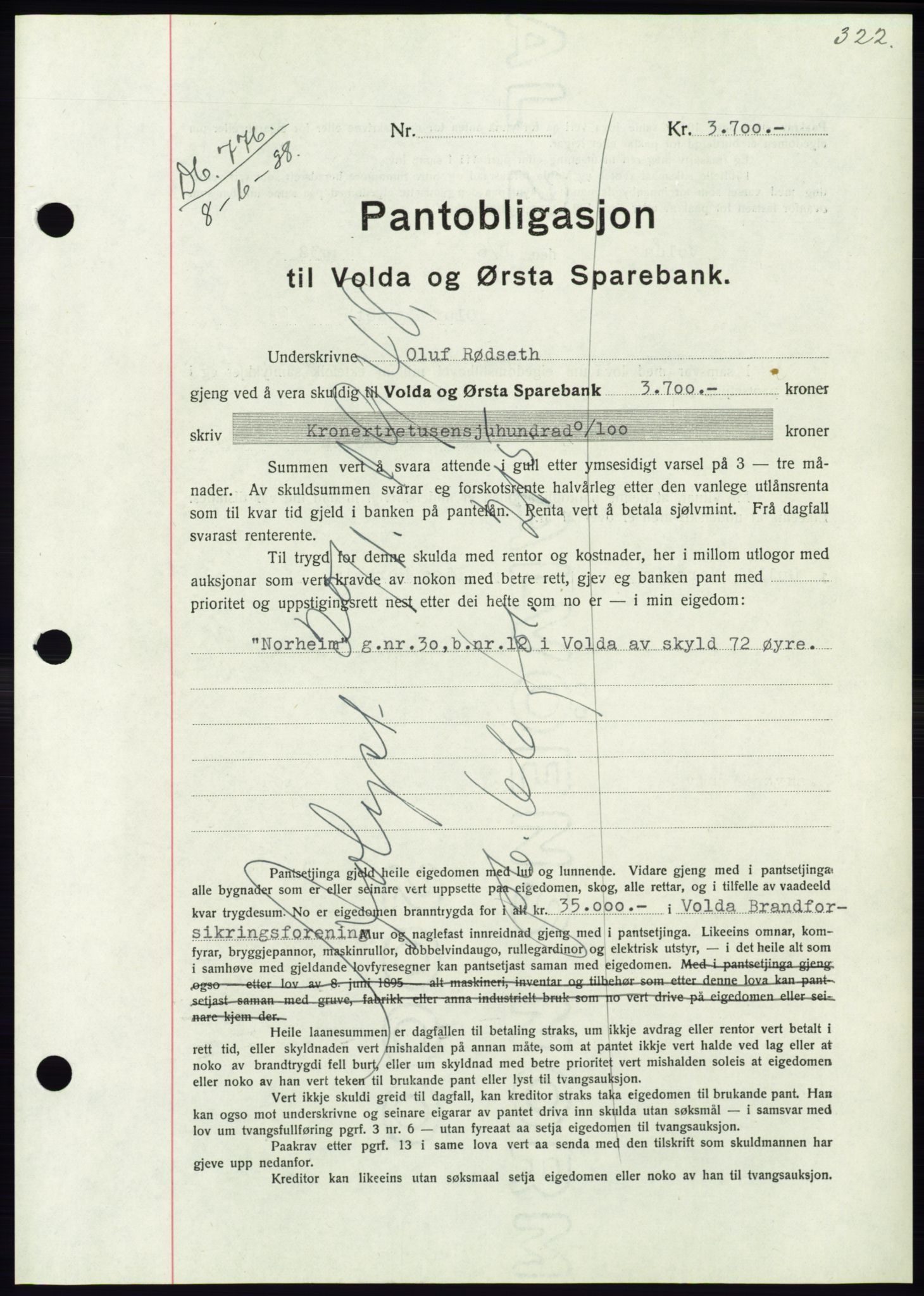 Søre Sunnmøre sorenskriveri, AV/SAT-A-4122/1/2/2C/L0065: Mortgage book no. 59, 1938-1938, Diary no: : 776/1938