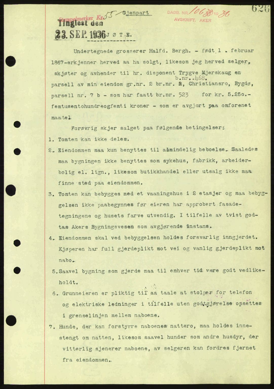 Aker herredsskriveri, SAO/A-10896/G/Gb/Gba/Gbab/L0008: Mortgage book no. A141, 1936-1936, Diary no: : 10638/1936