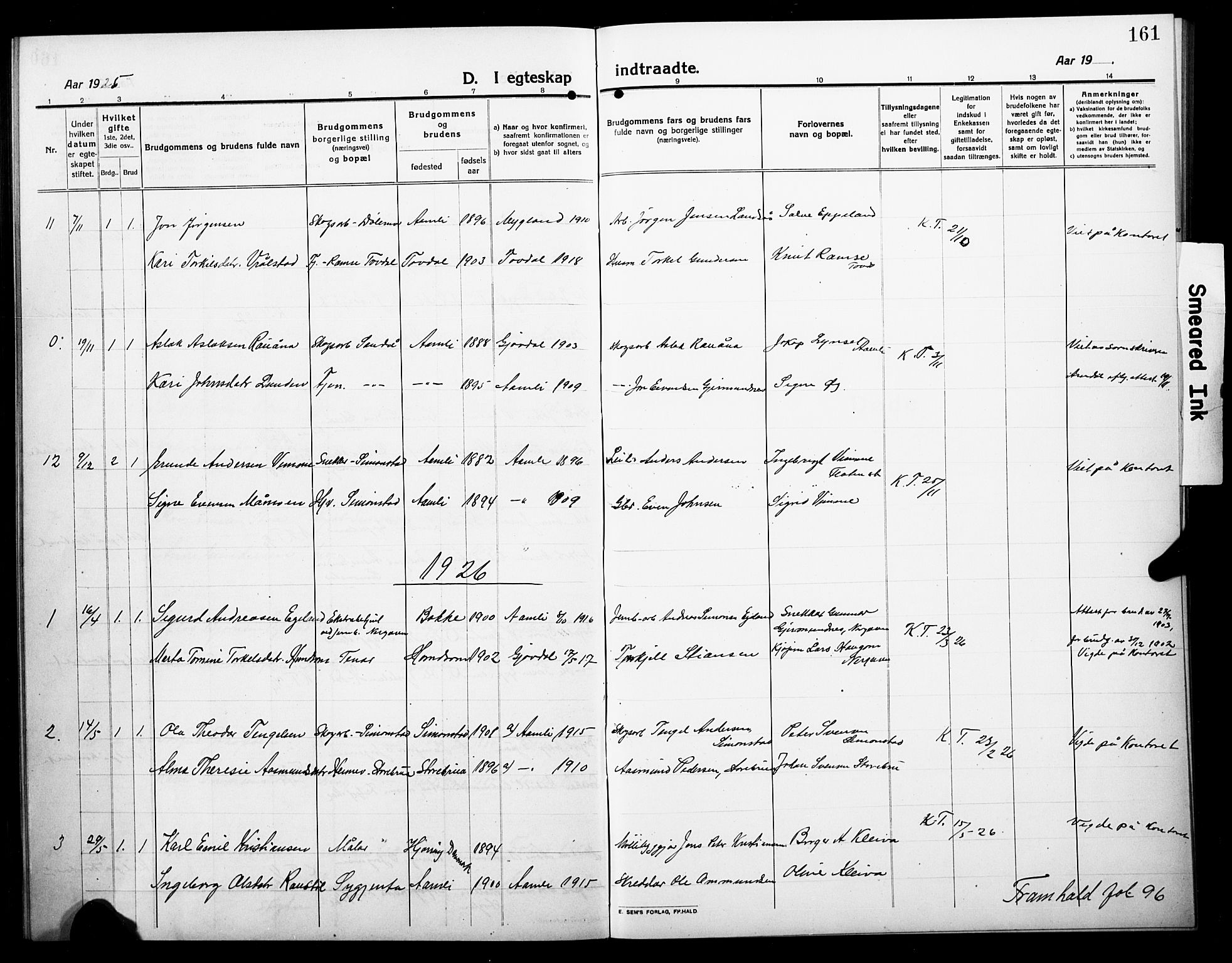 Åmli sokneprestkontor, AV/SAK-1111-0050/F/Fb/Fbc/L0006: Parish register (copy) no. B 6, 1915-1929, p. 161