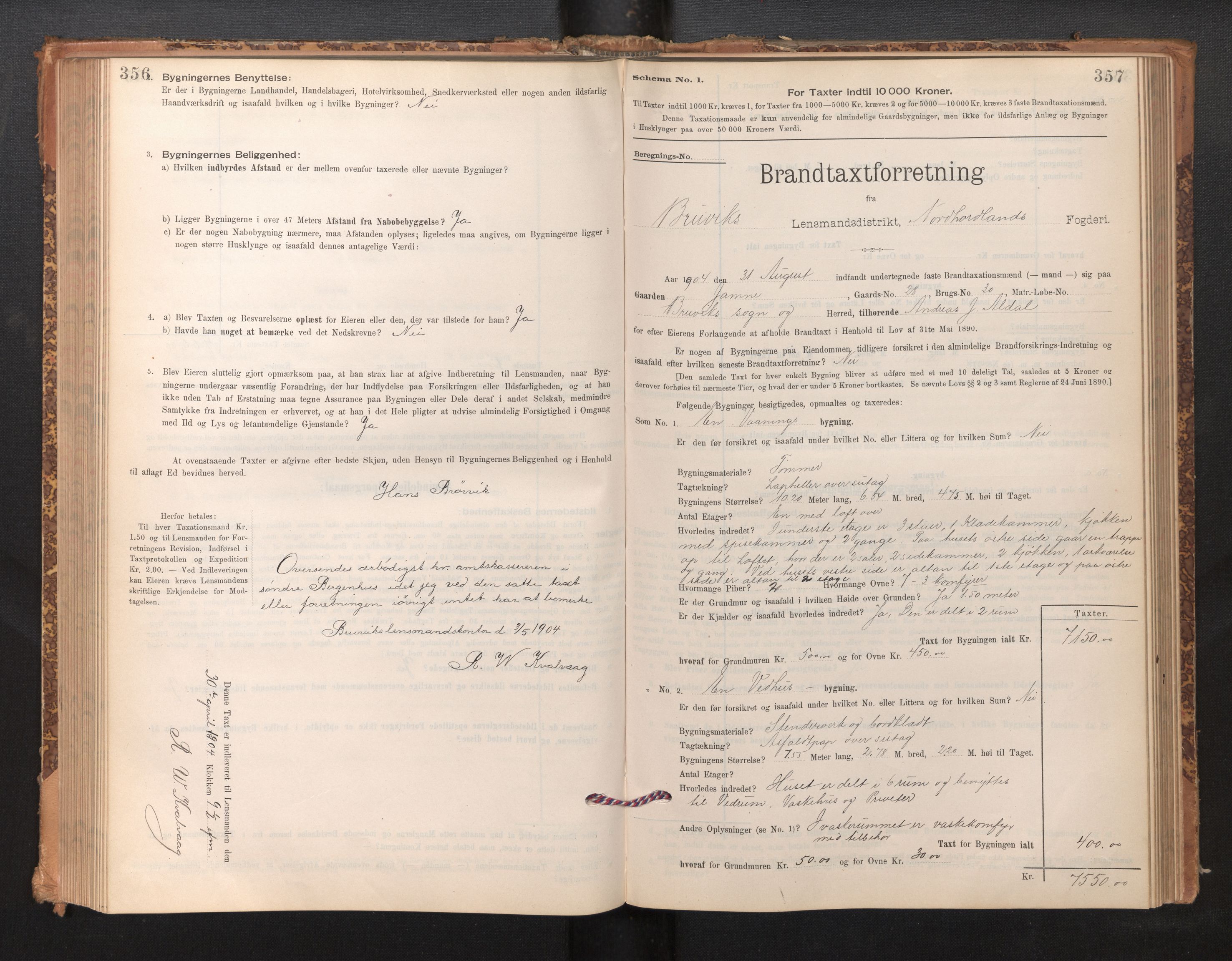 Lensmannen i Bruvik, SAB/A-31301/0012/L0006: Branntakstprotokoll, skjematakst, 1894-1906, p. 356-357