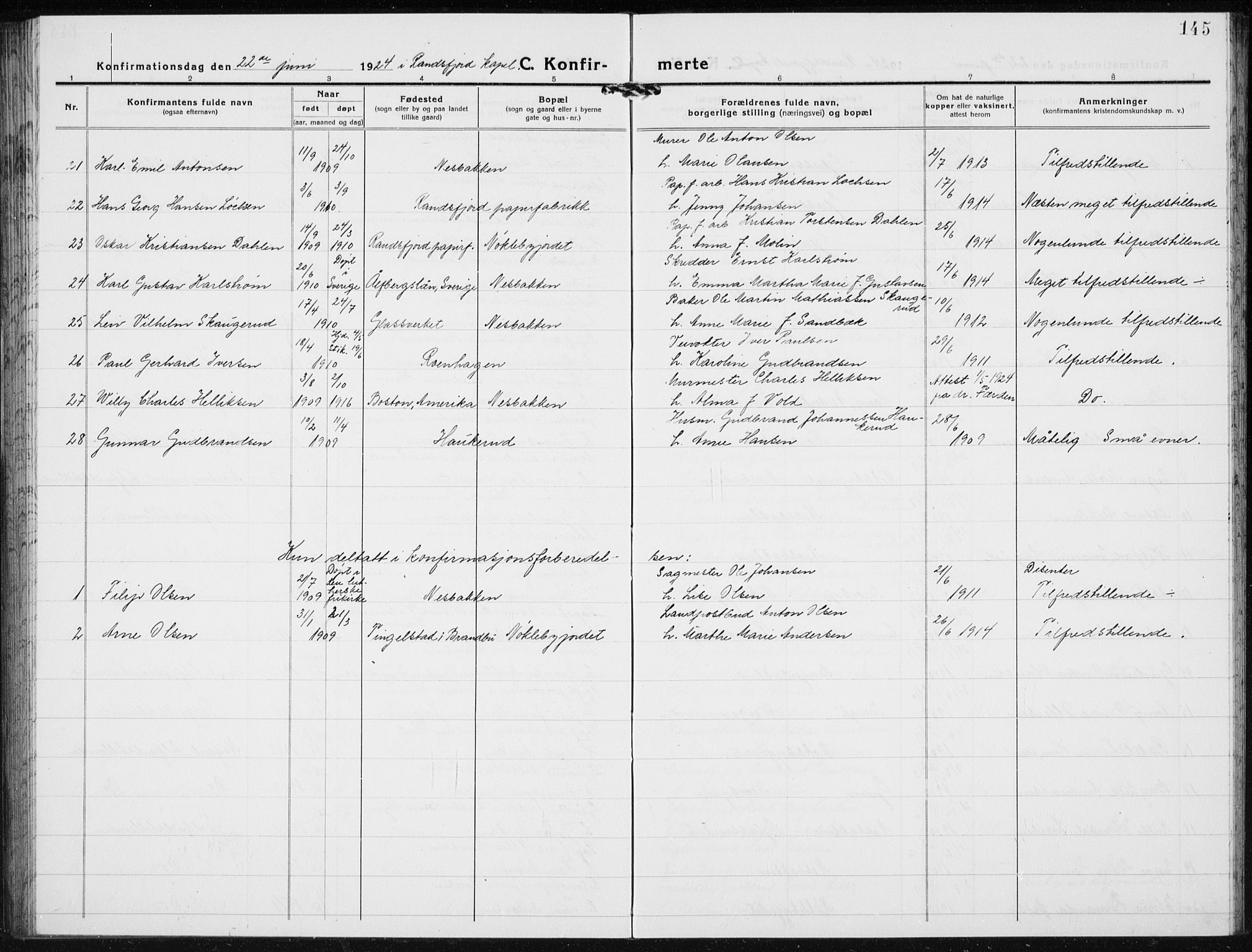 Jevnaker prestekontor, SAH/PREST-116/H/Ha/Hab/L0005: Parish register (copy) no. 5, 1919-1934, p. 145