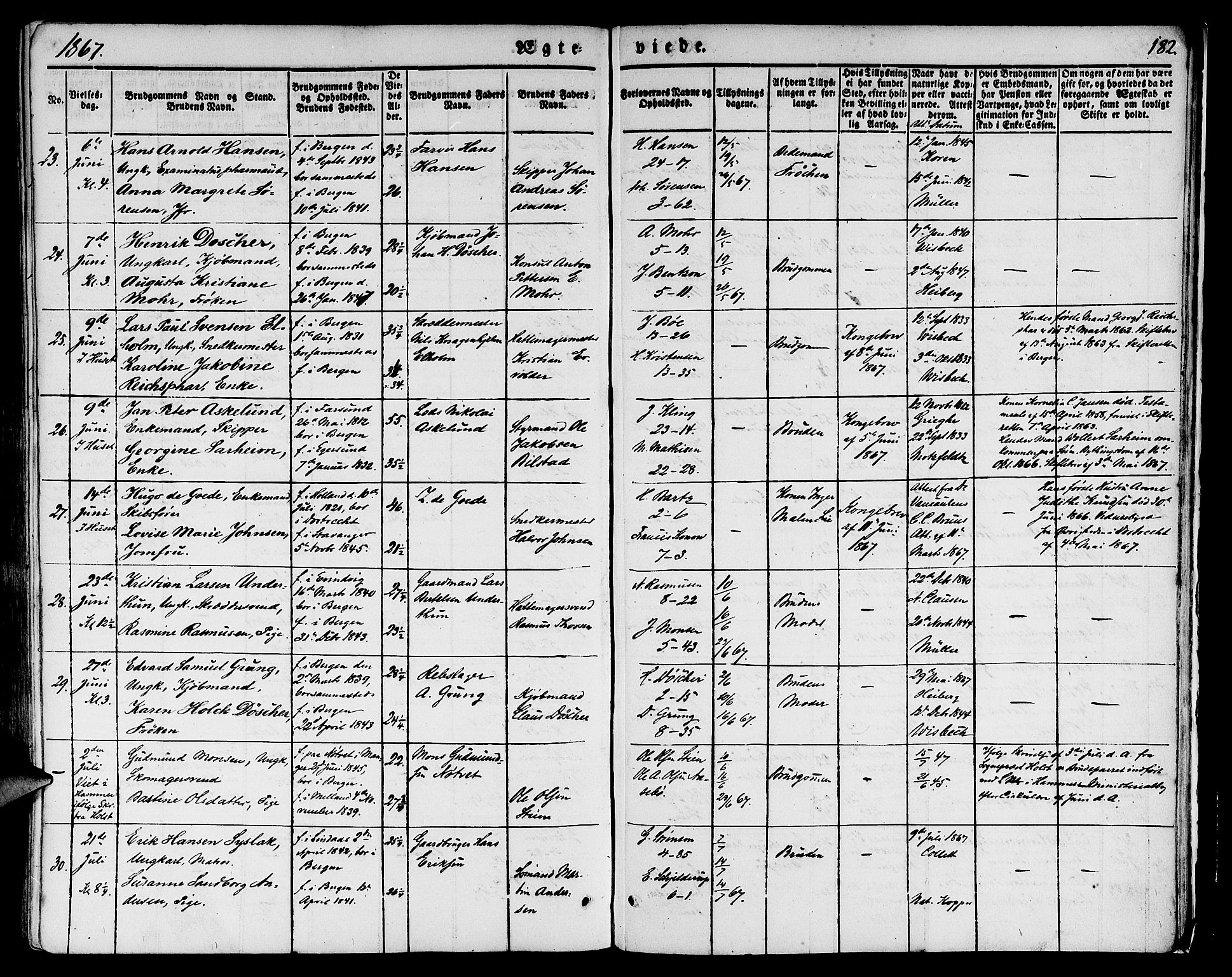 Nykirken Sokneprestembete, AV/SAB-A-77101/H/Hab: Parish register (copy) no. D 1, 1832-1867, p. 182