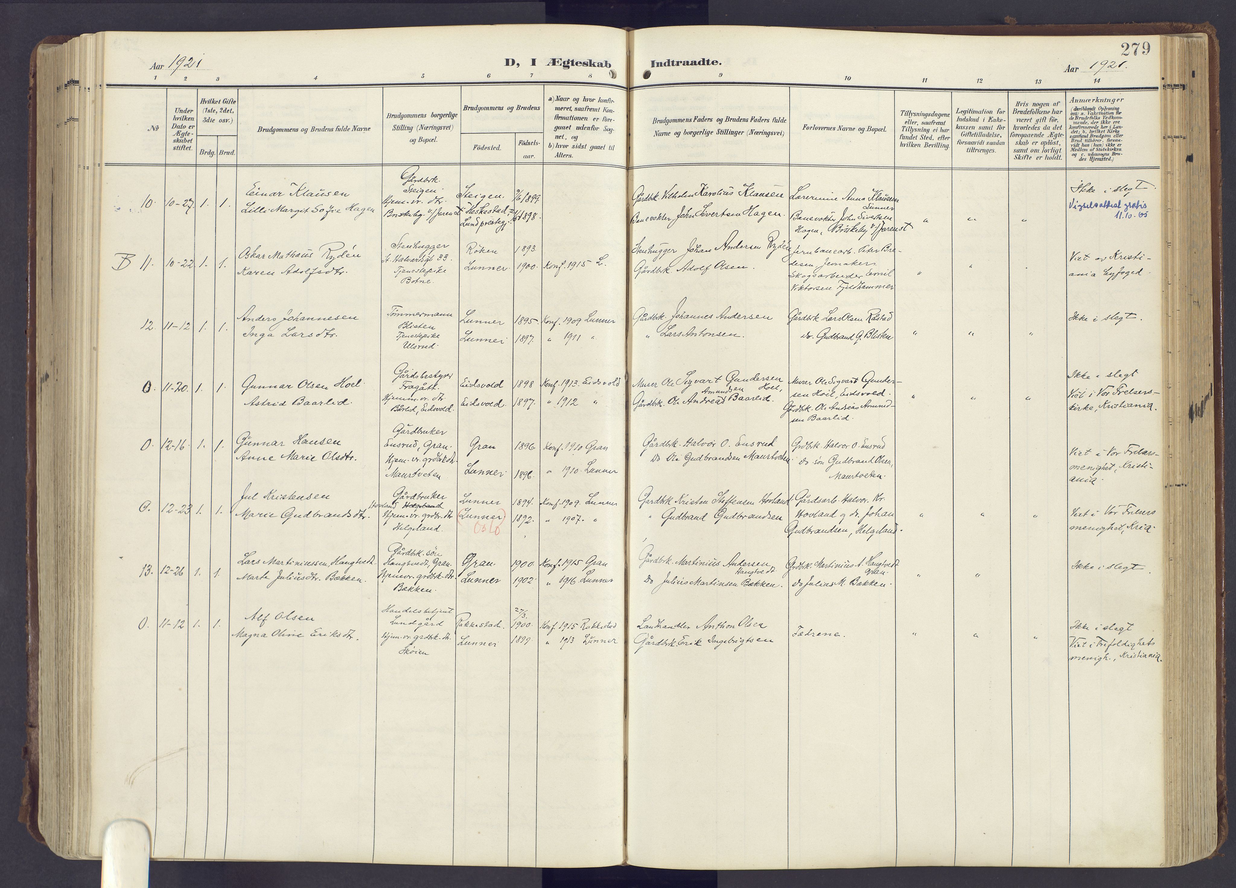 Lunner prestekontor, AV/SAH-PREST-118/H/Ha/Haa/L0001: Parish register (official) no. 1, 1907-1922, p. 279