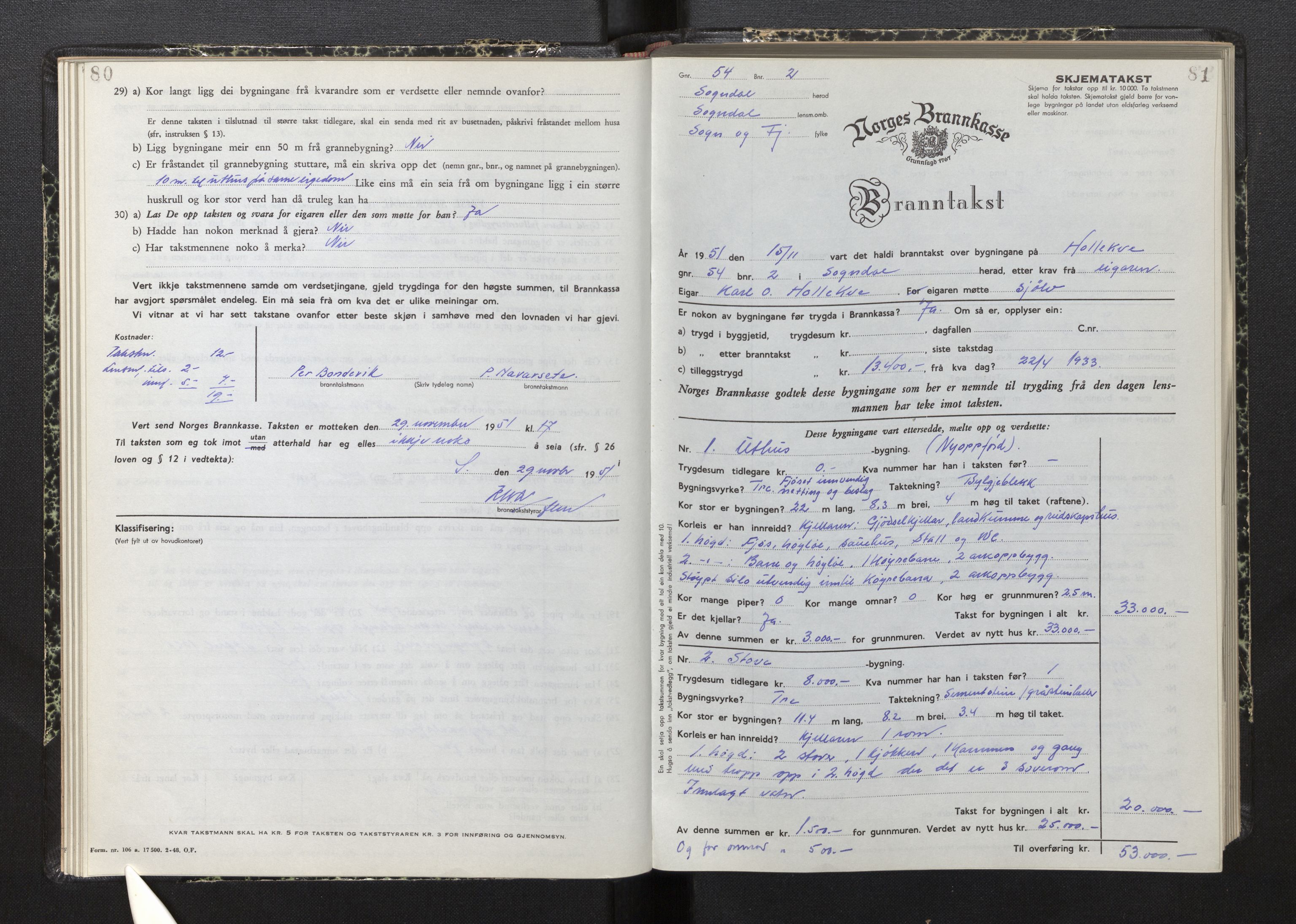 Lensmannen i Sogndal, AV/SAB-A-29901/0012/L0015: Branntakstprotokoll, skjematakst, 1950-1955, p. 80-81