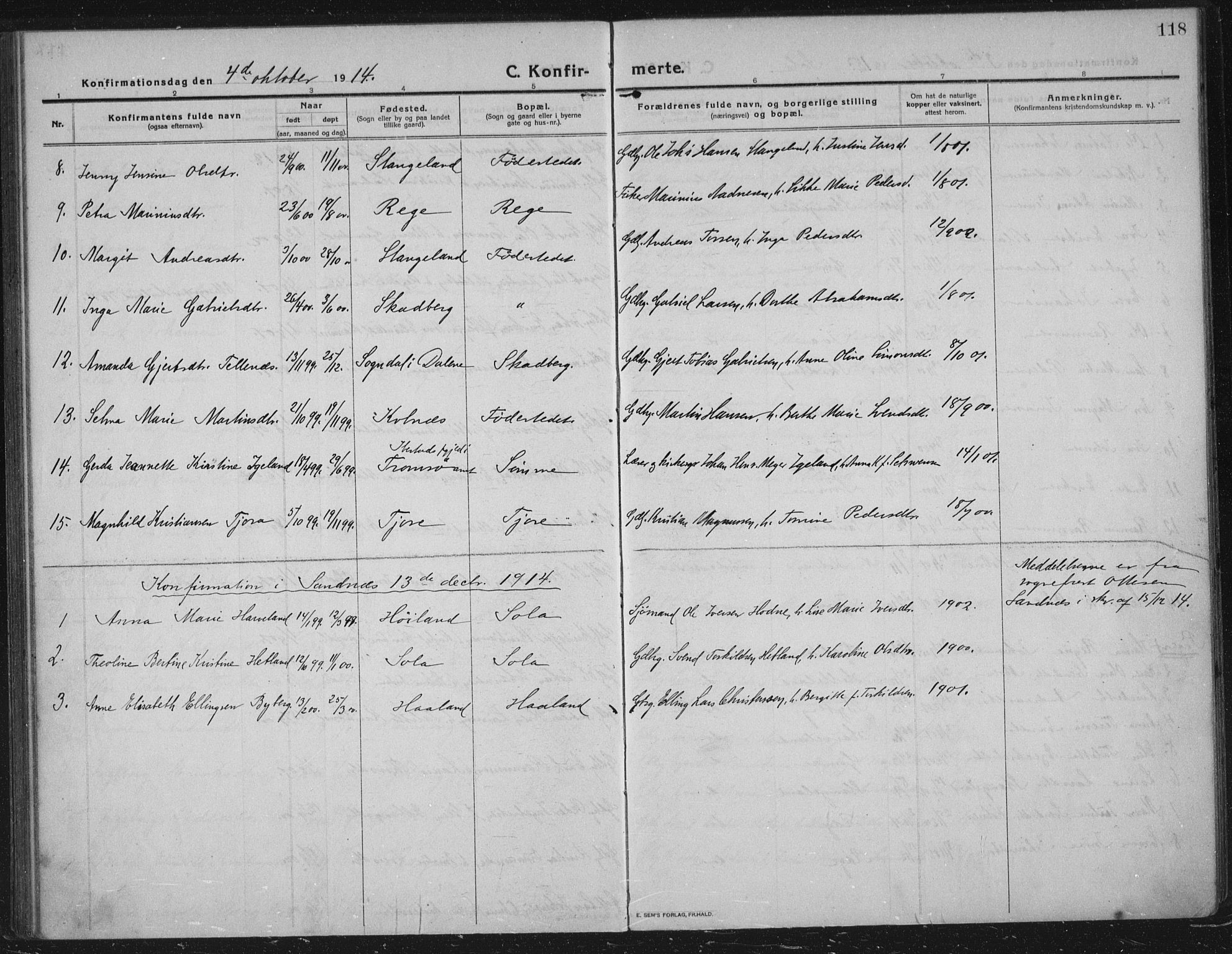 Håland sokneprestkontor, SAST/A-101802/002/C/L0001: Parish register (official) no. A 14, 1913-1927, p. 118