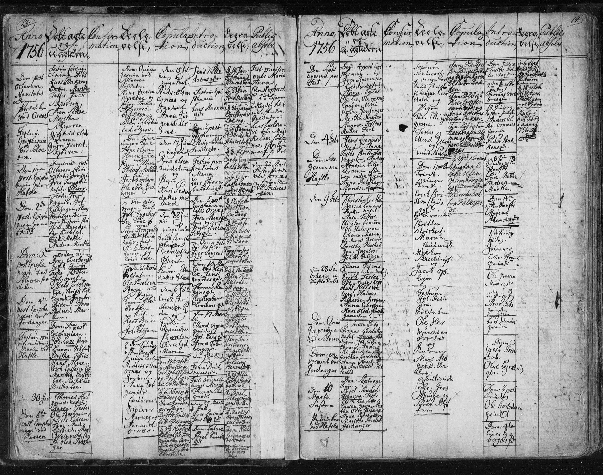 Hafslo sokneprestembete, AV/SAB-A-80301/H/Haa/Haaa/L0002: Parish register (official) no. A 2, 1755-1806, p. 13-14