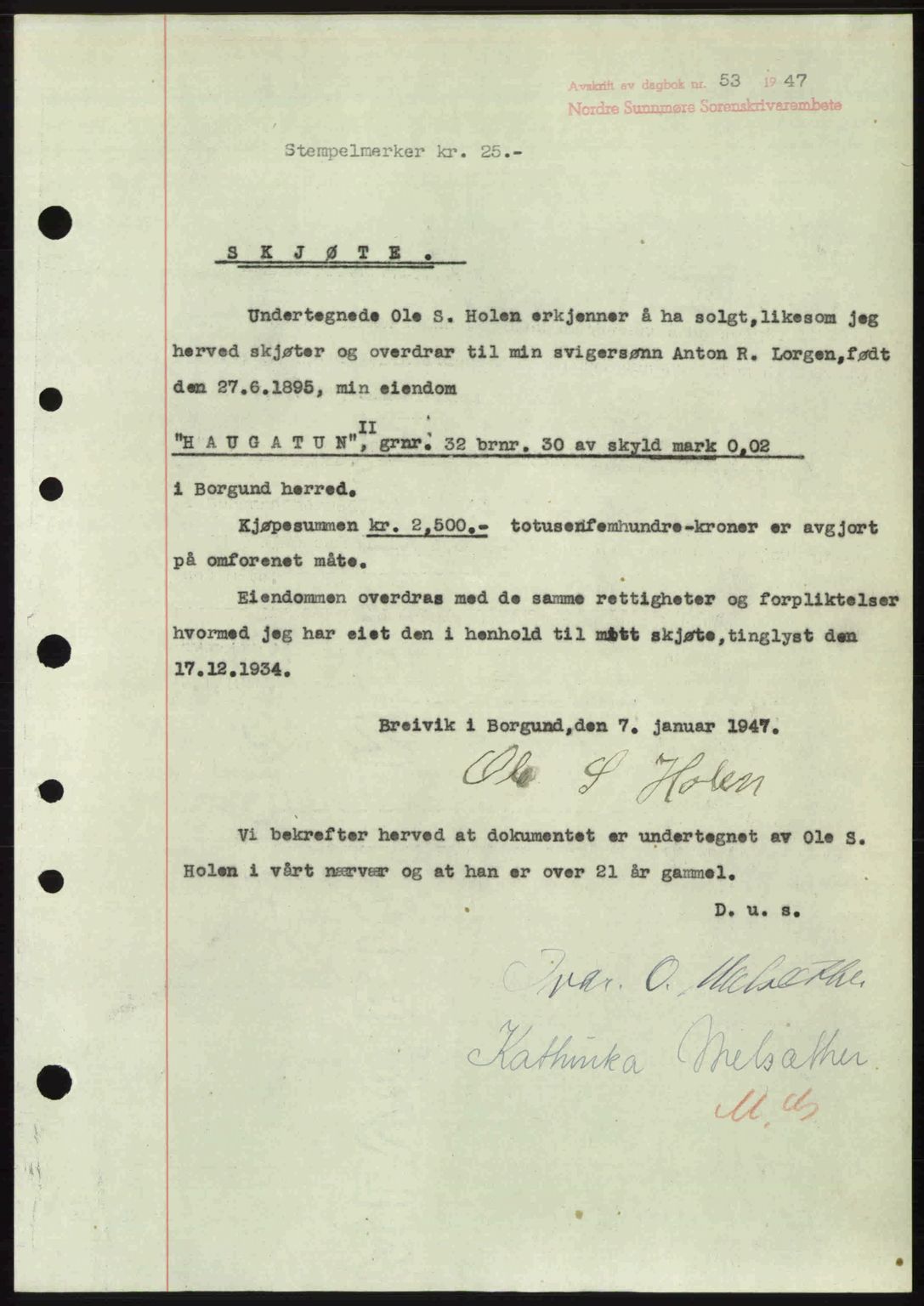 Nordre Sunnmøre sorenskriveri, AV/SAT-A-0006/1/2/2C/2Ca: Mortgage book no. A23, 1946-1947, Diary no: : 53/1947