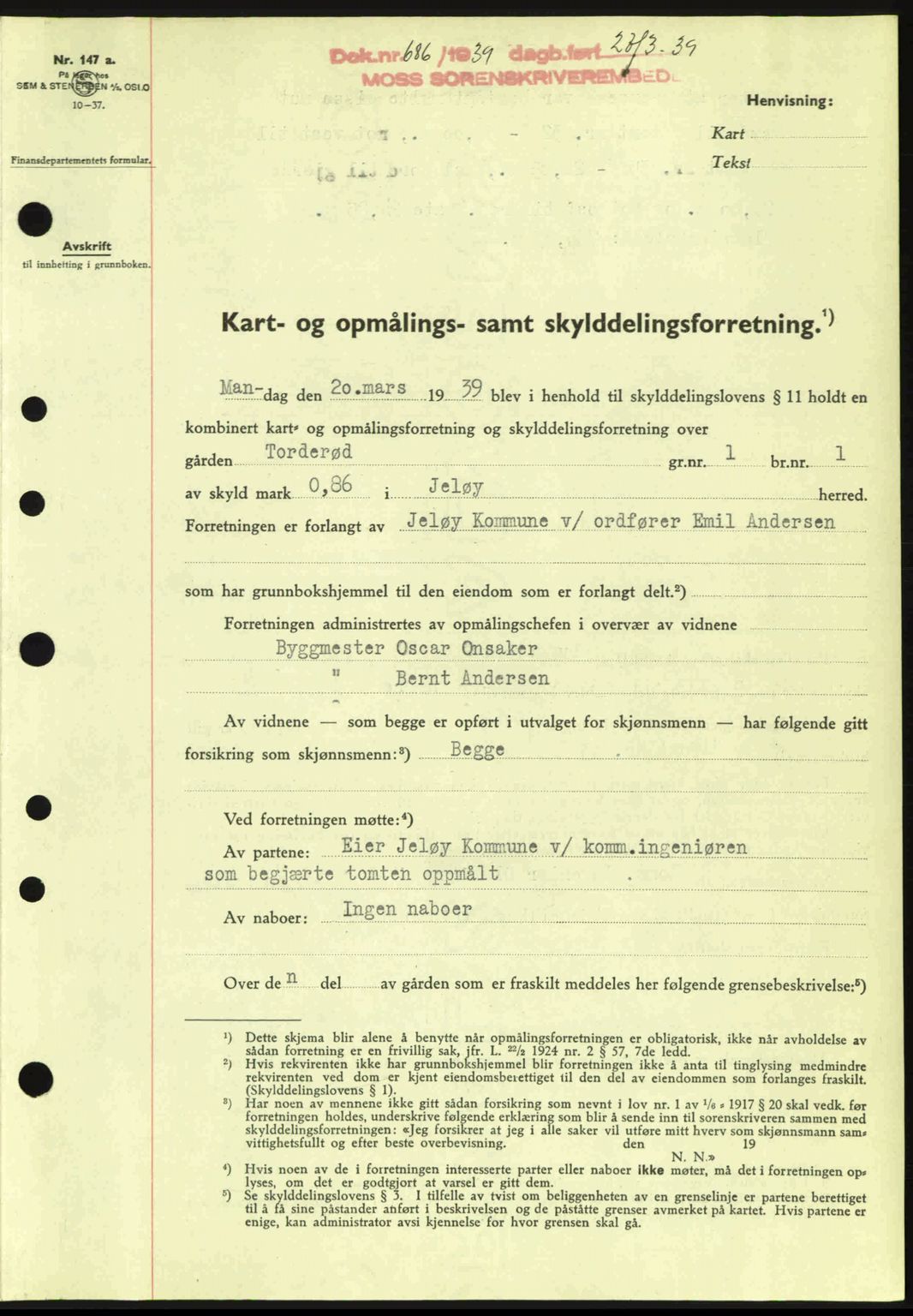 Moss sorenskriveri, SAO/A-10168: Mortgage book no. A5, 1938-1939, Diary no: : 686/1939