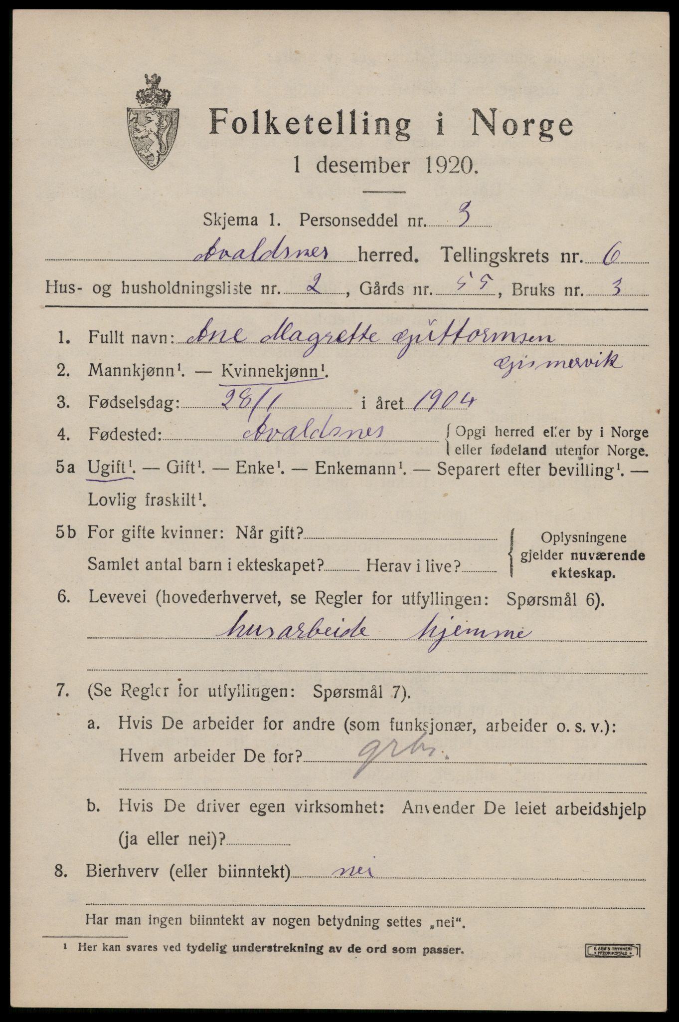 SAST, 1920 census for Avaldsnes, 1920, p. 5683