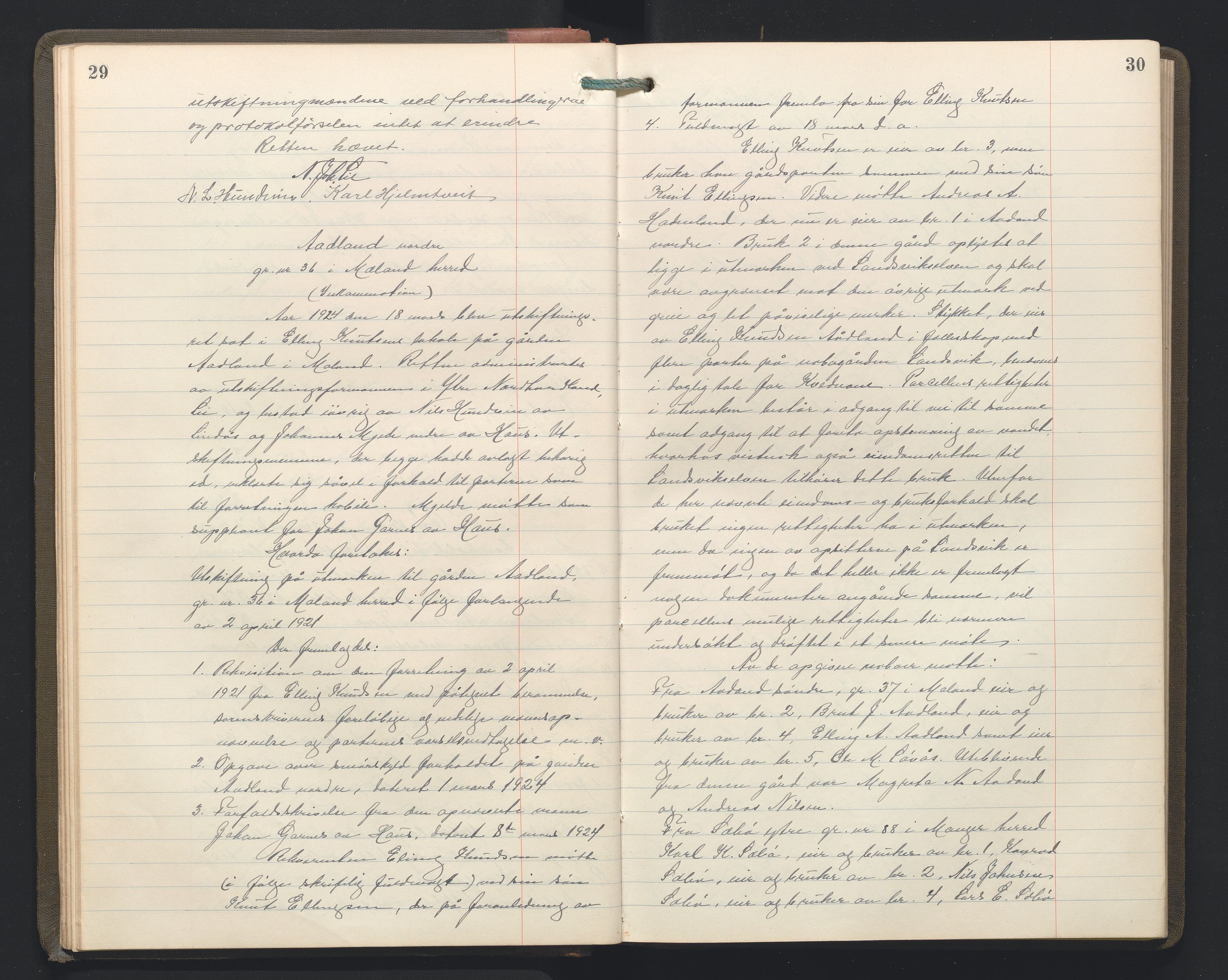 Hordaland jordskiftedøme - II Ytre Nordhordland jordskiftedistrikt, AV/SAB-A-6901/A/Aa/L0034: Forhandlingsprotokoll, 1923-1925, p. 29-30