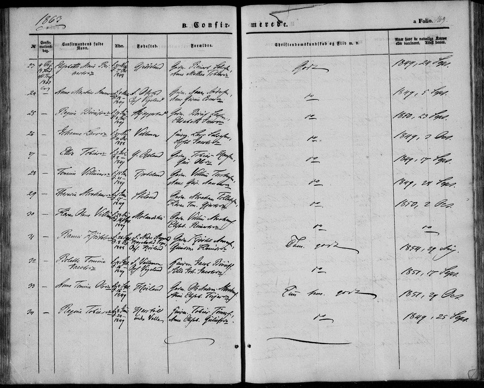 Sør-Audnedal sokneprestkontor, AV/SAK-1111-0039/F/Fa/Fab/L0007: Parish register (official) no. A 7, 1855-1876, p. 169