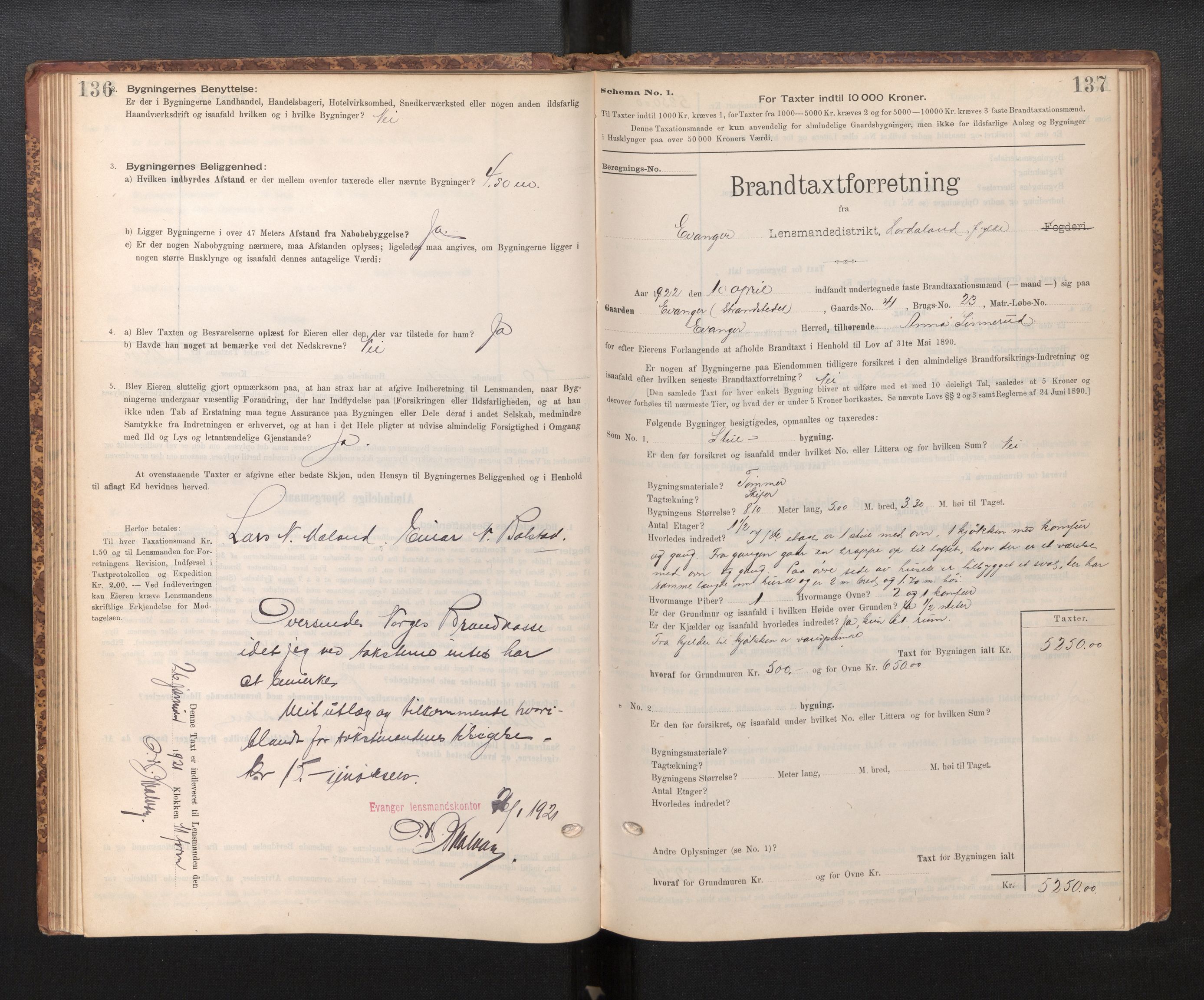 Lensmannen i Evanger, SAB/A-31701/0012/L0005: Branntakstprotokoll, skjematakst, 1895-1935, p. 136-137