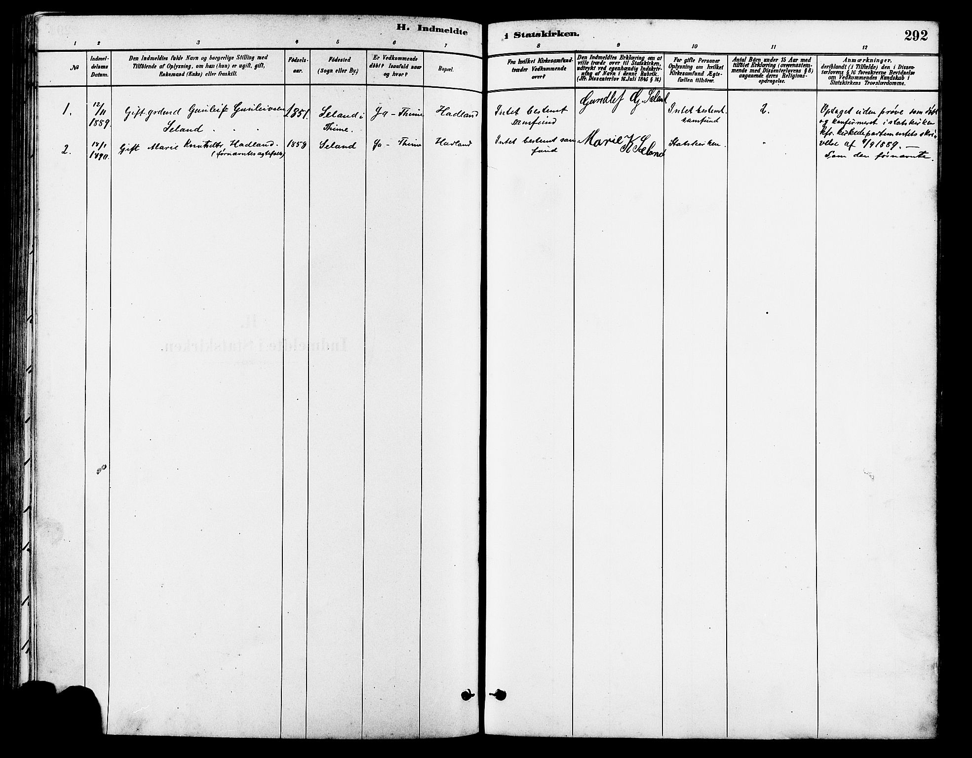 Lye sokneprestkontor, SAST/A-101794/001/30BA/L0009: Parish register (official) no. A 8, 1881-1892, p. 292