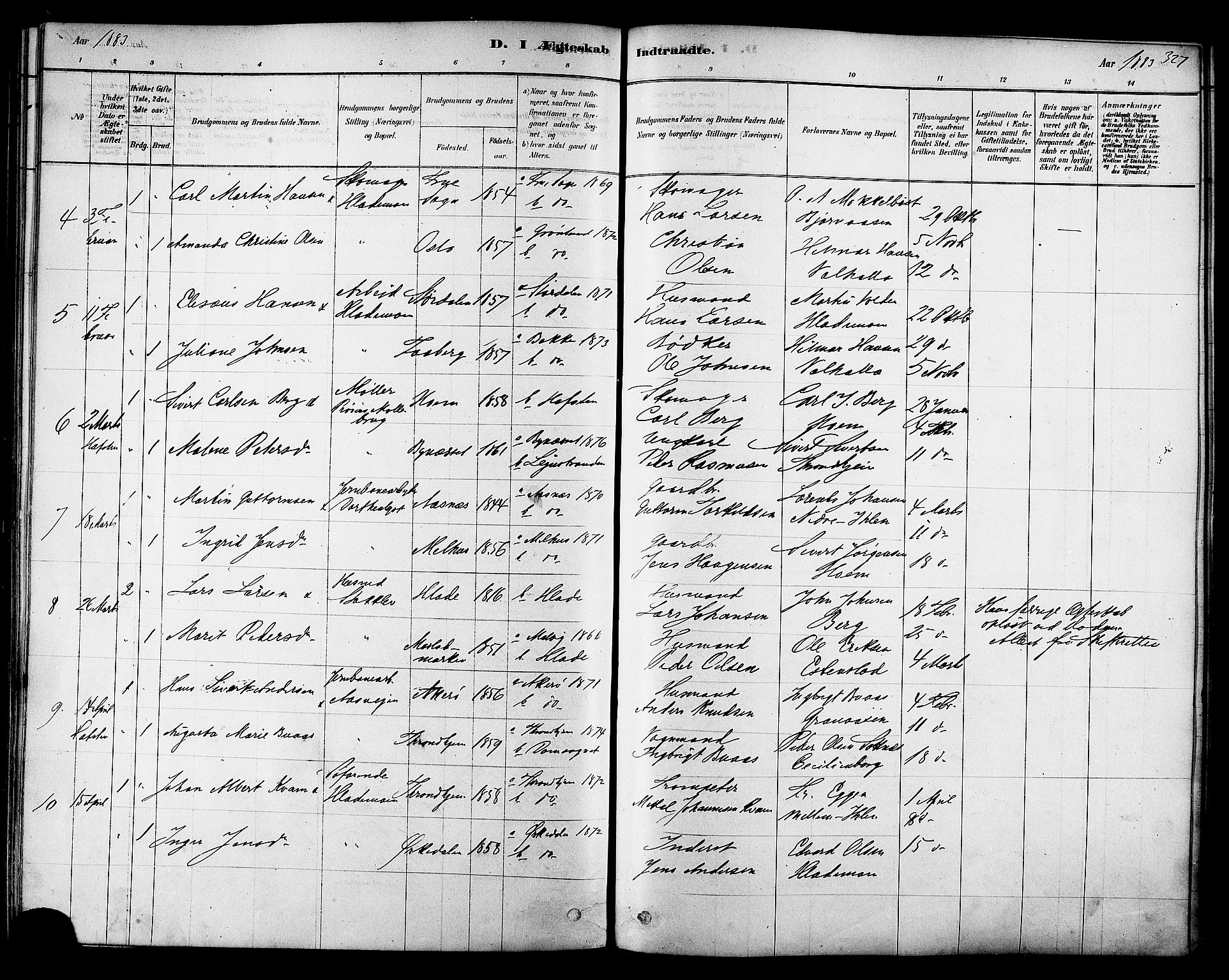 Ministerialprotokoller, klokkerbøker og fødselsregistre - Sør-Trøndelag, SAT/A-1456/606/L0294: Parish register (official) no. 606A09, 1878-1886, p. 327