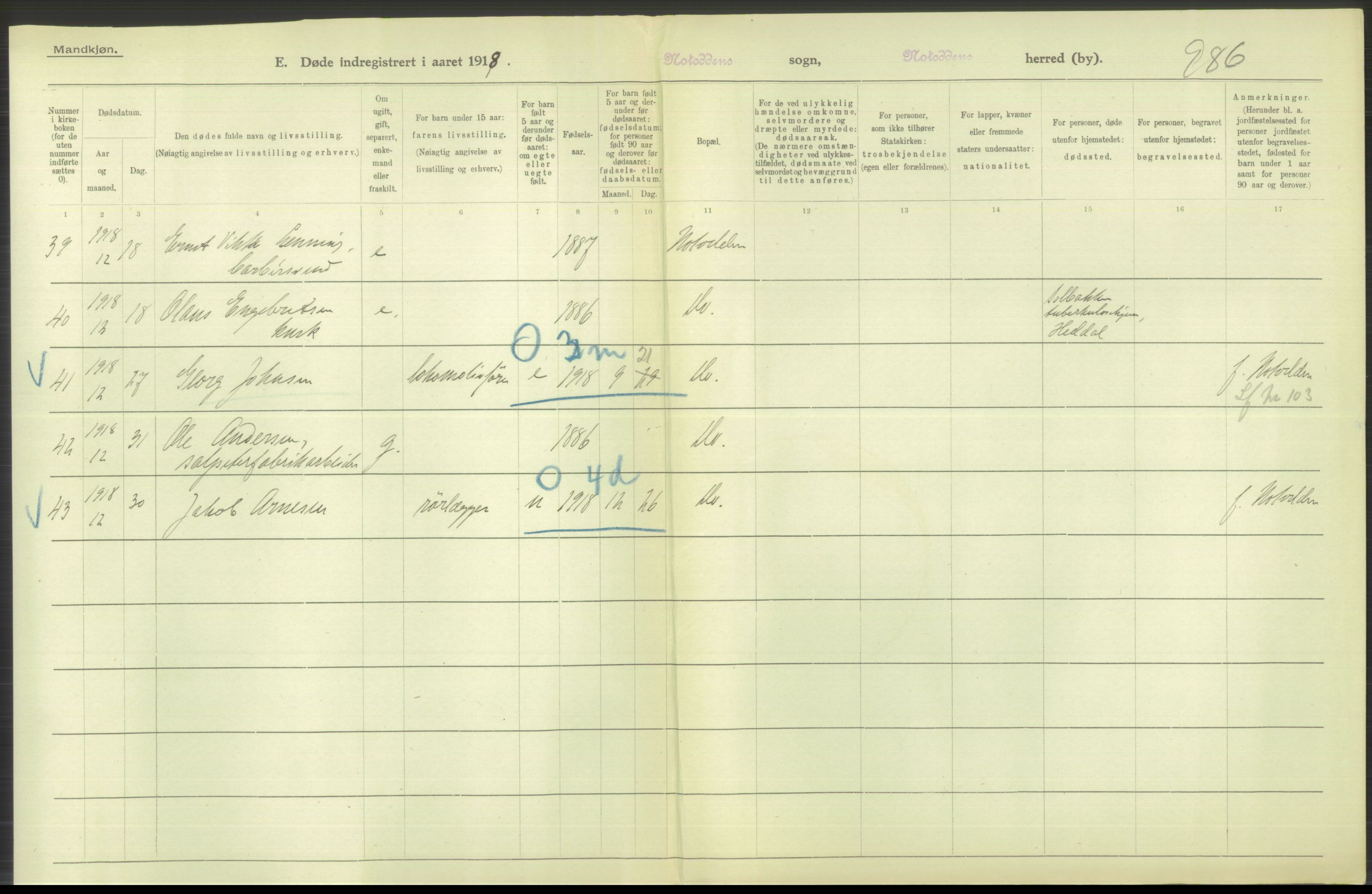 Statistisk sentralbyrå, Sosiodemografiske emner, Befolkning, AV/RA-S-2228/D/Df/Dfb/Dfbh/L0026: Telemark fylke: Døde. Bygder og byer., 1918, p. 80