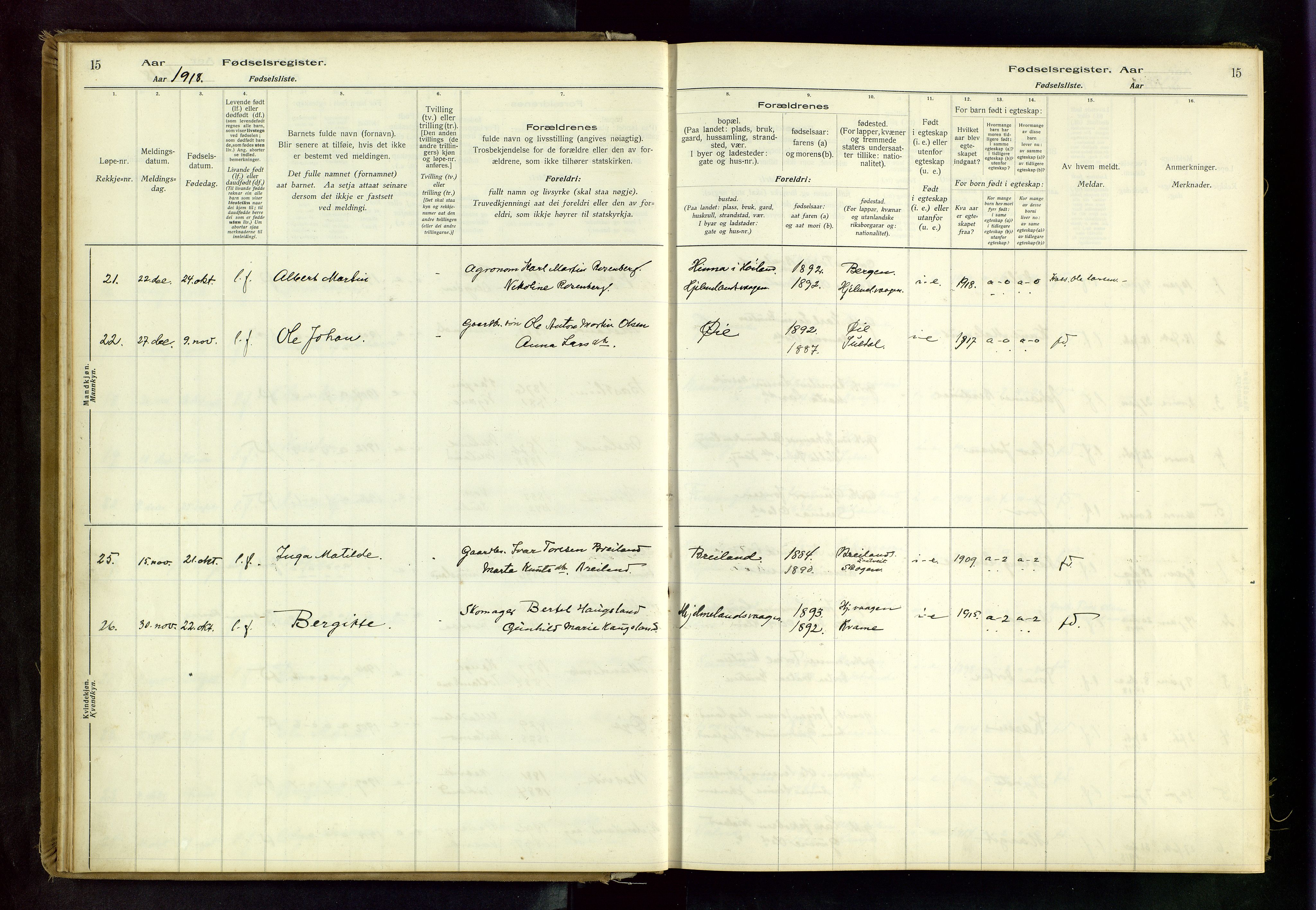 Hjelmeland sokneprestkontor, AV/SAST-A-101843/02/B/L0001: Birth register no. 1, 1916-1963, p. 15