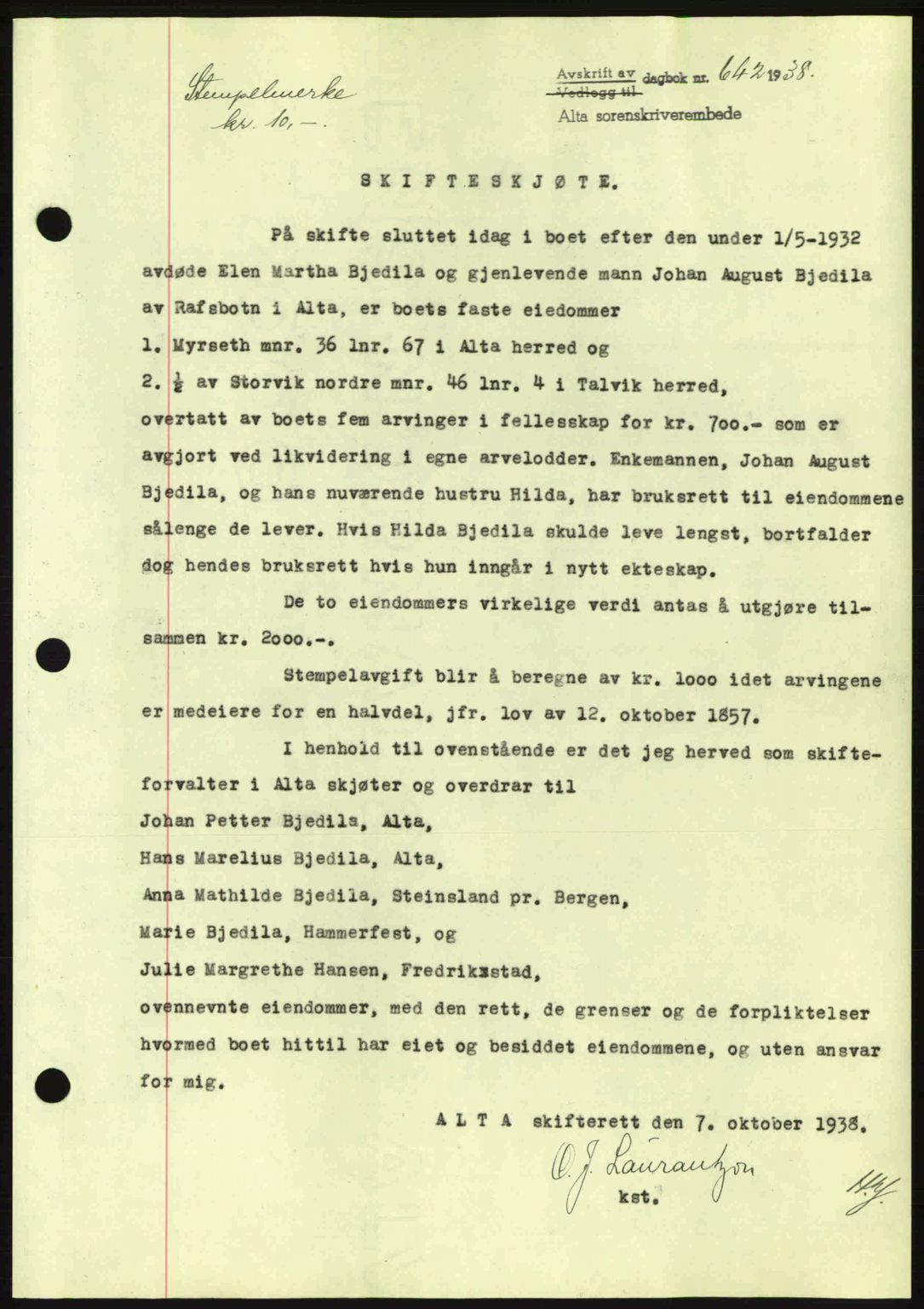 Alta fogderi/sorenskriveri, SATØ/SATØ-5/1/K/Kd/L0031pantebok: Mortgage book no. 31, 1938-1939, Diary no: : 642/1938