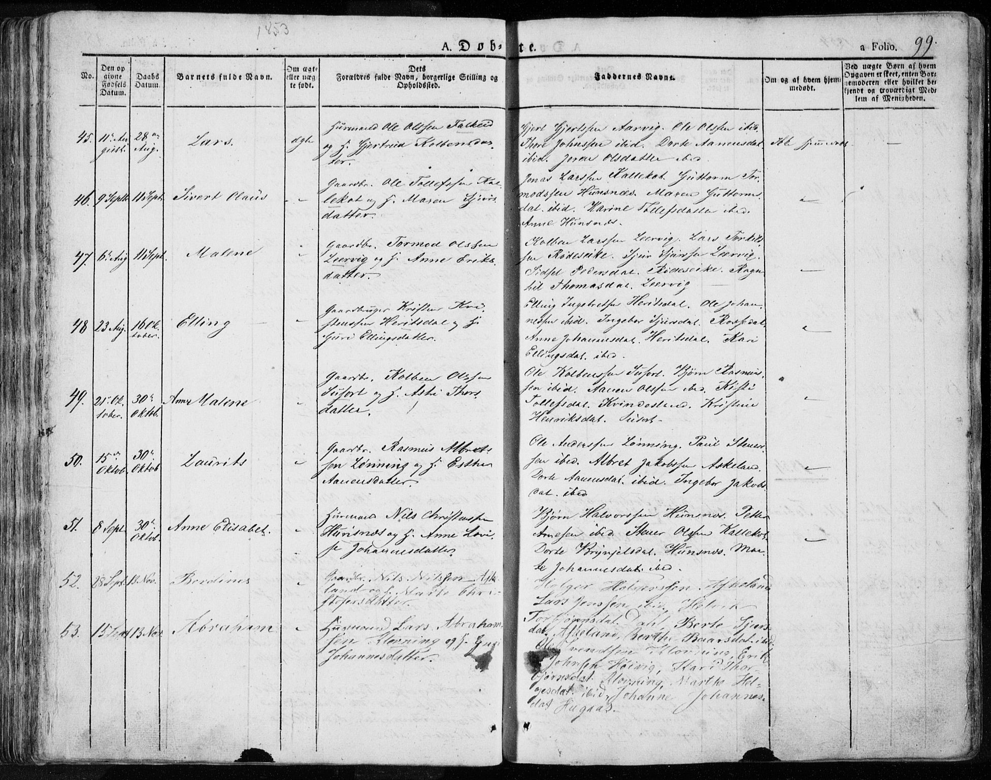 Tysvær sokneprestkontor, SAST/A -101864/H/Ha/Haa/L0001: Parish register (official) no. A 1.1, 1831-1856, p. 99