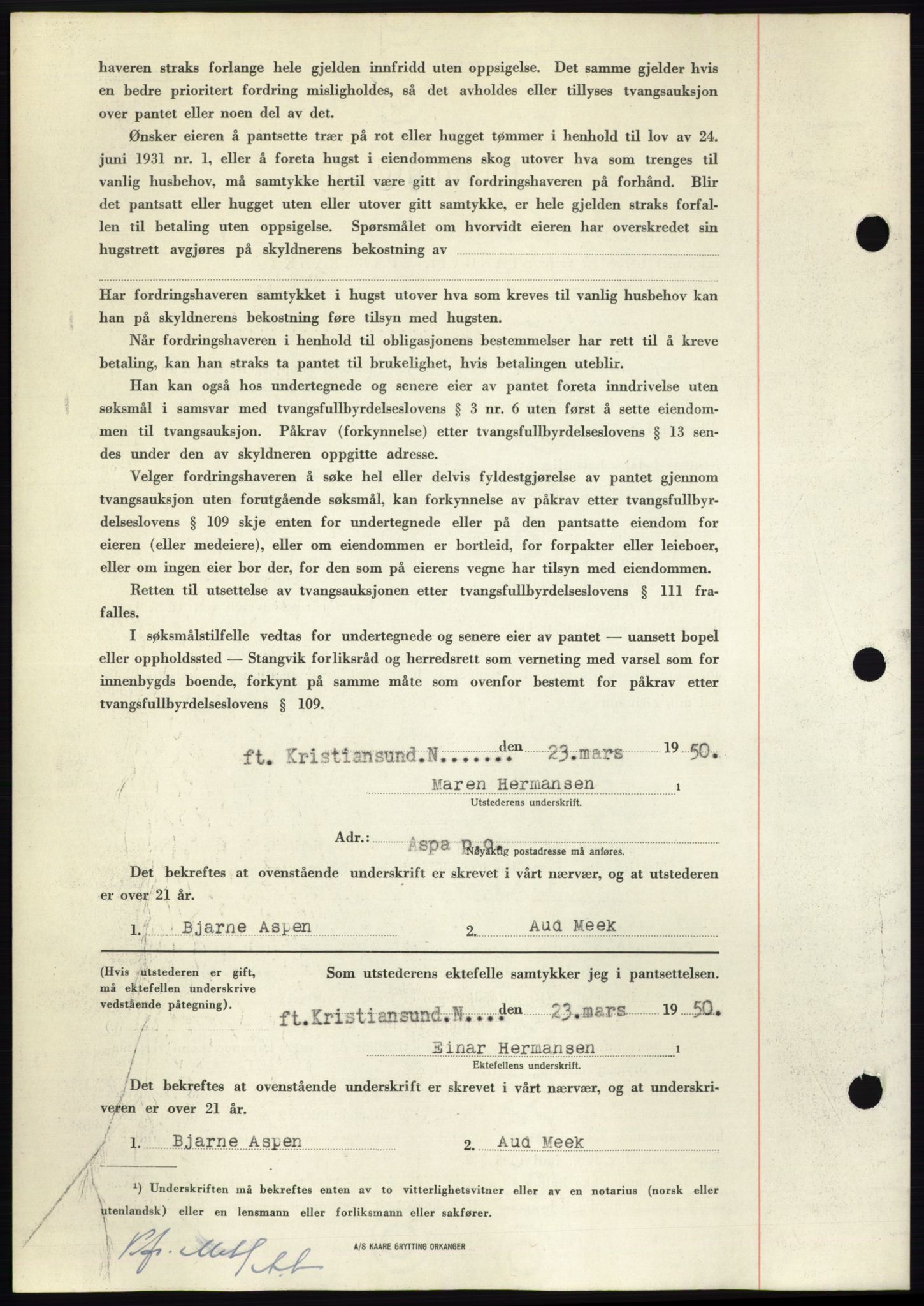 Nordmøre sorenskriveri, AV/SAT-A-4132/1/2/2Ca: Mortgage book no. B104, 1950-1950, Diary no: : 1021/1950